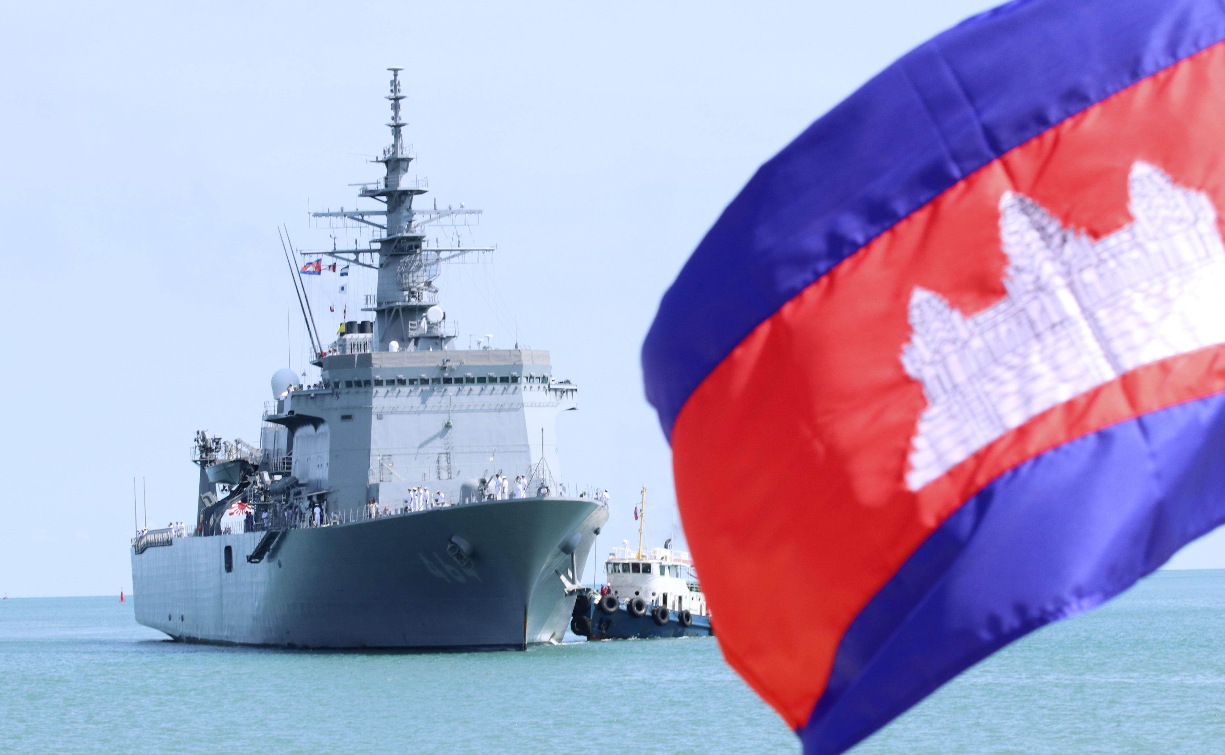 A Japanese minesweeper vessel prepares to dock at the Ream naval base in Cambodia last month. Photo: Kyodo