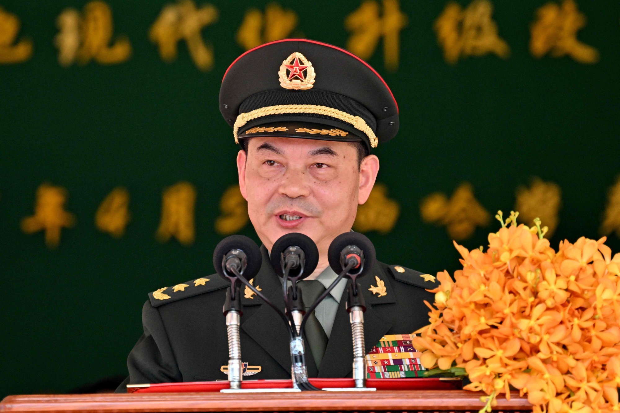Chinese General Cao Qing Feng speaks at the launch of upgraded facilities at the Ream naval base last month. Photo: AFP Chinese General Cao Qing Feng speaks at the launch of upgraded facilities at the Ream naval base last month. Photo: AFP