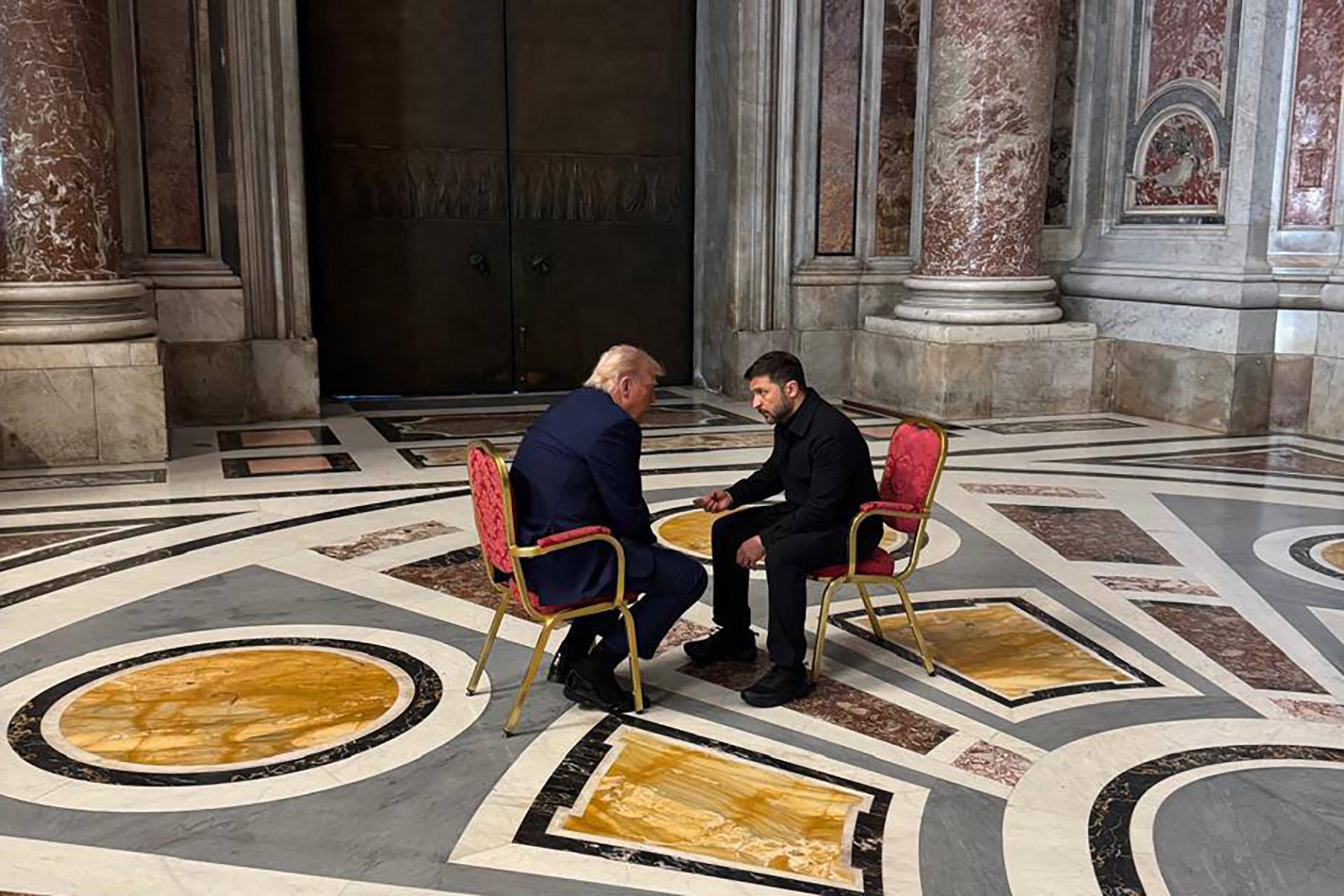Ukraine’s President Volodymyr Zelensky (right) meets with US President Donald Trump on the sidelines of Pope Francis’s funeral at St Peter’s Basilica at the Vatican in April. Photo: Telegram/ermaka2022 via AFP