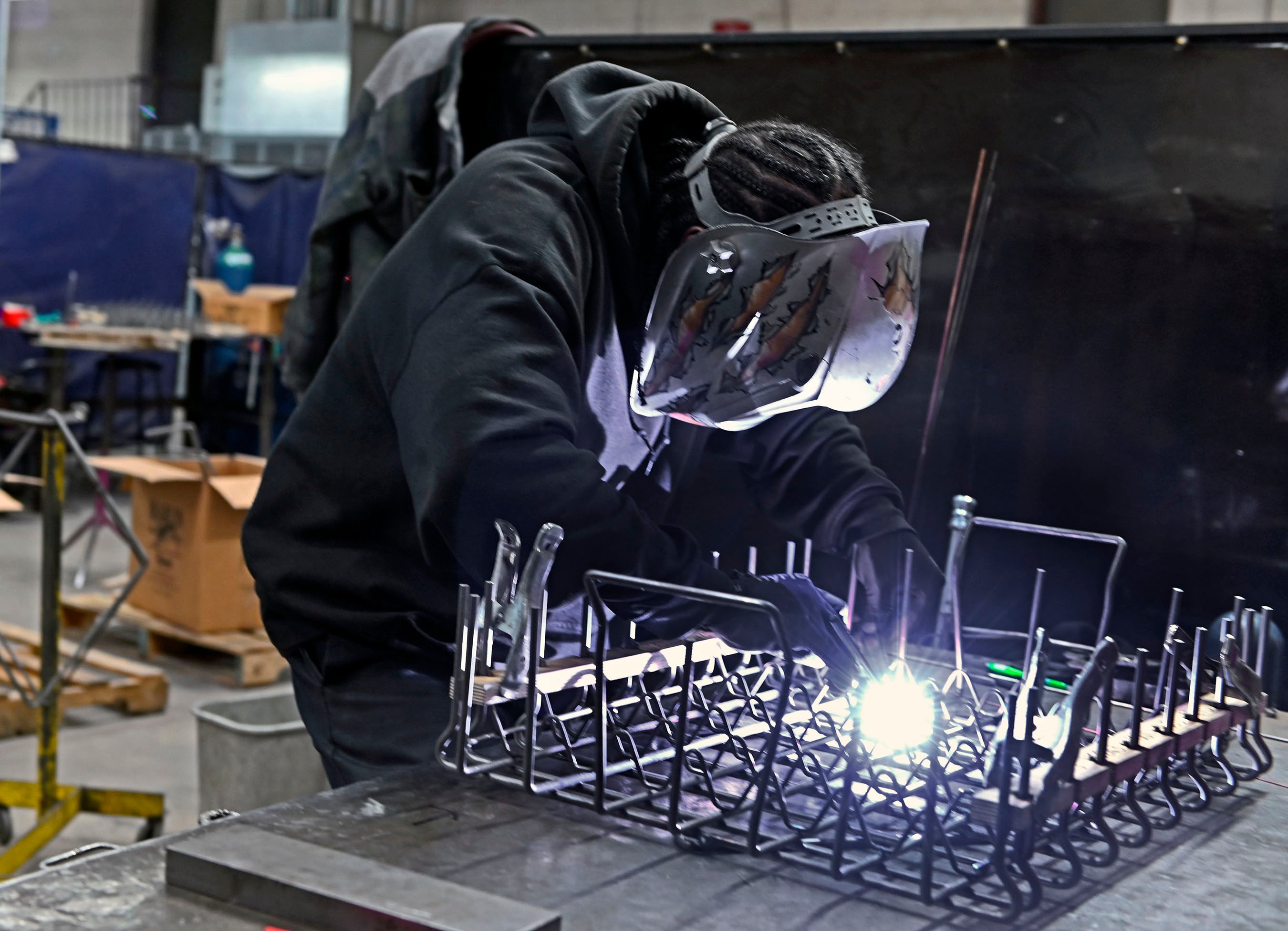 A welder at Marlin Steel Wire in West Baltimore on April 10, 2025. Photo: The Baltimore Sun/TNS