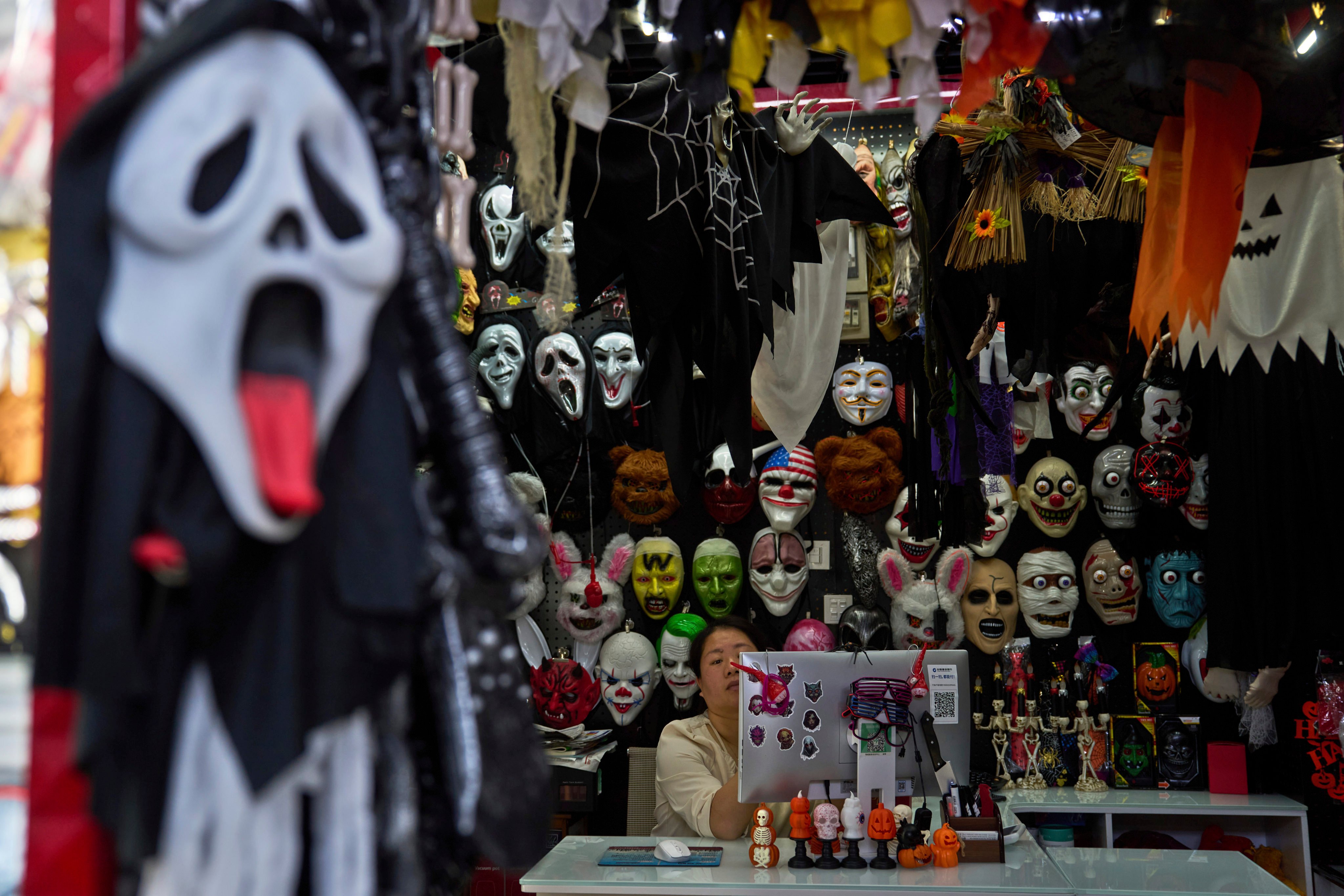 Halloween costumes on display at the Yiwu International Trade Market in Zhejiang province on April 10. Photo: AP