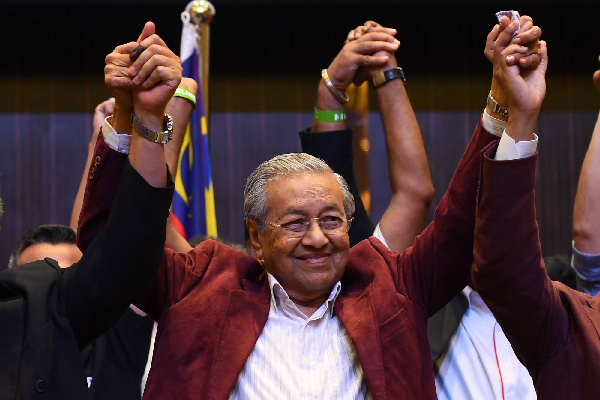 Mahathir celebrates in May 2018 after winning that year’s general election. Photo: AFP Mahathir celebrates in May 2018 after winning that year’s general election. Photo: AFP