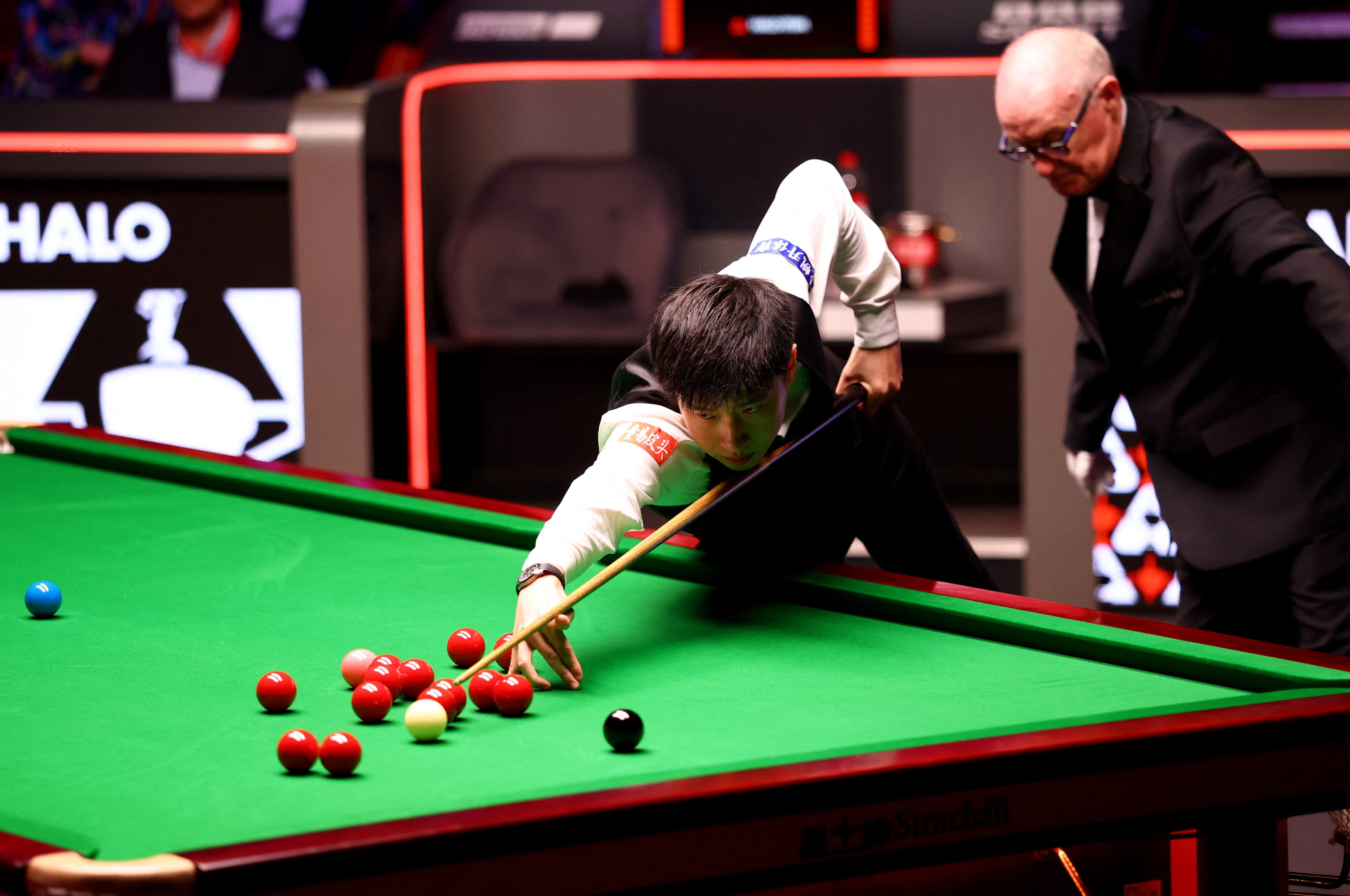 Zhao Xintong in control during his semi-final against Ronnie O’Sullivan at the Crucible Theatre. Photo: Action Images via Reuters