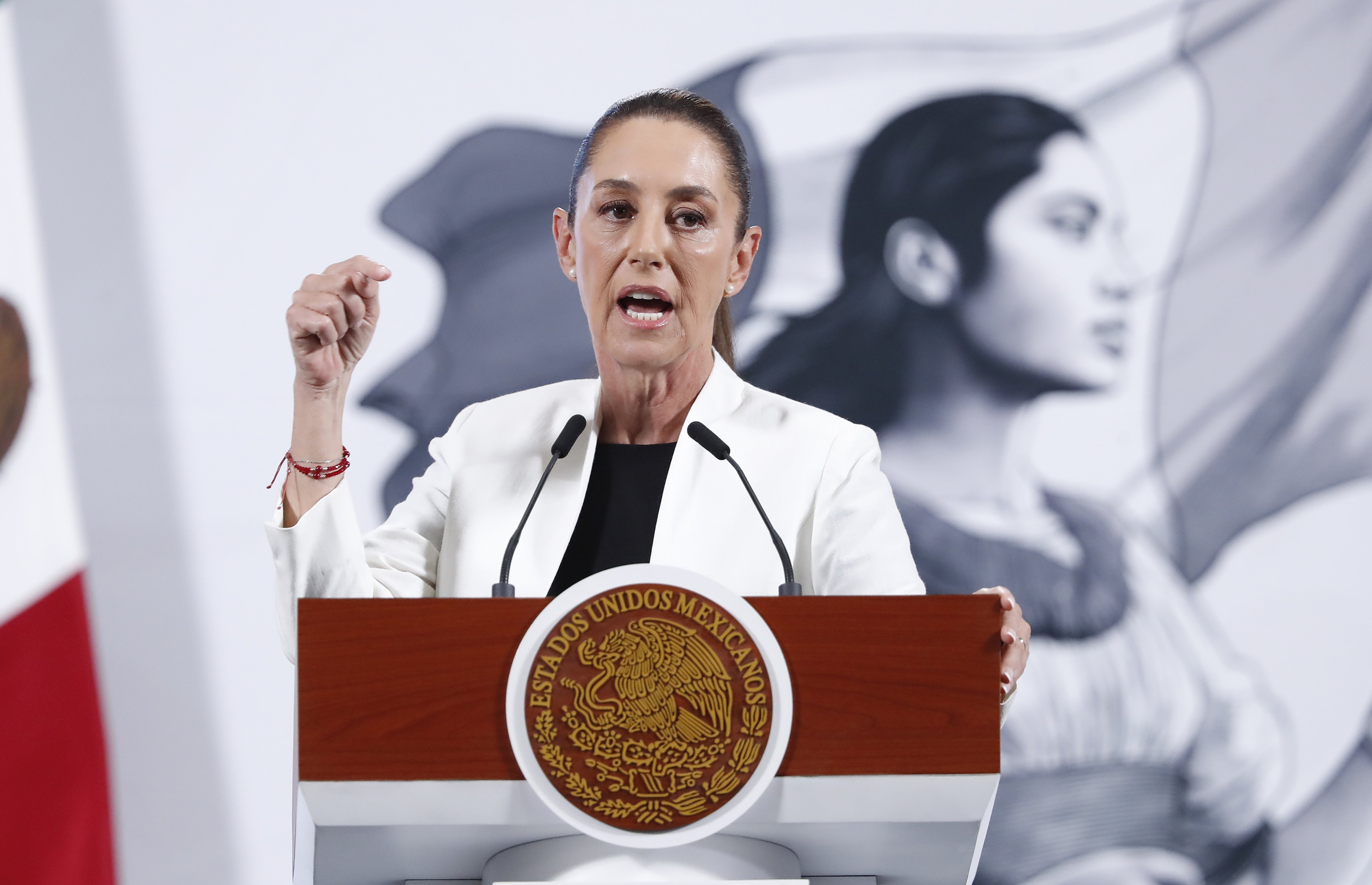 Mexico’s President Claudia Sheinbaum speaks during a press conference at the National Palace in Mexico City in April. Photo: EPA-EFE