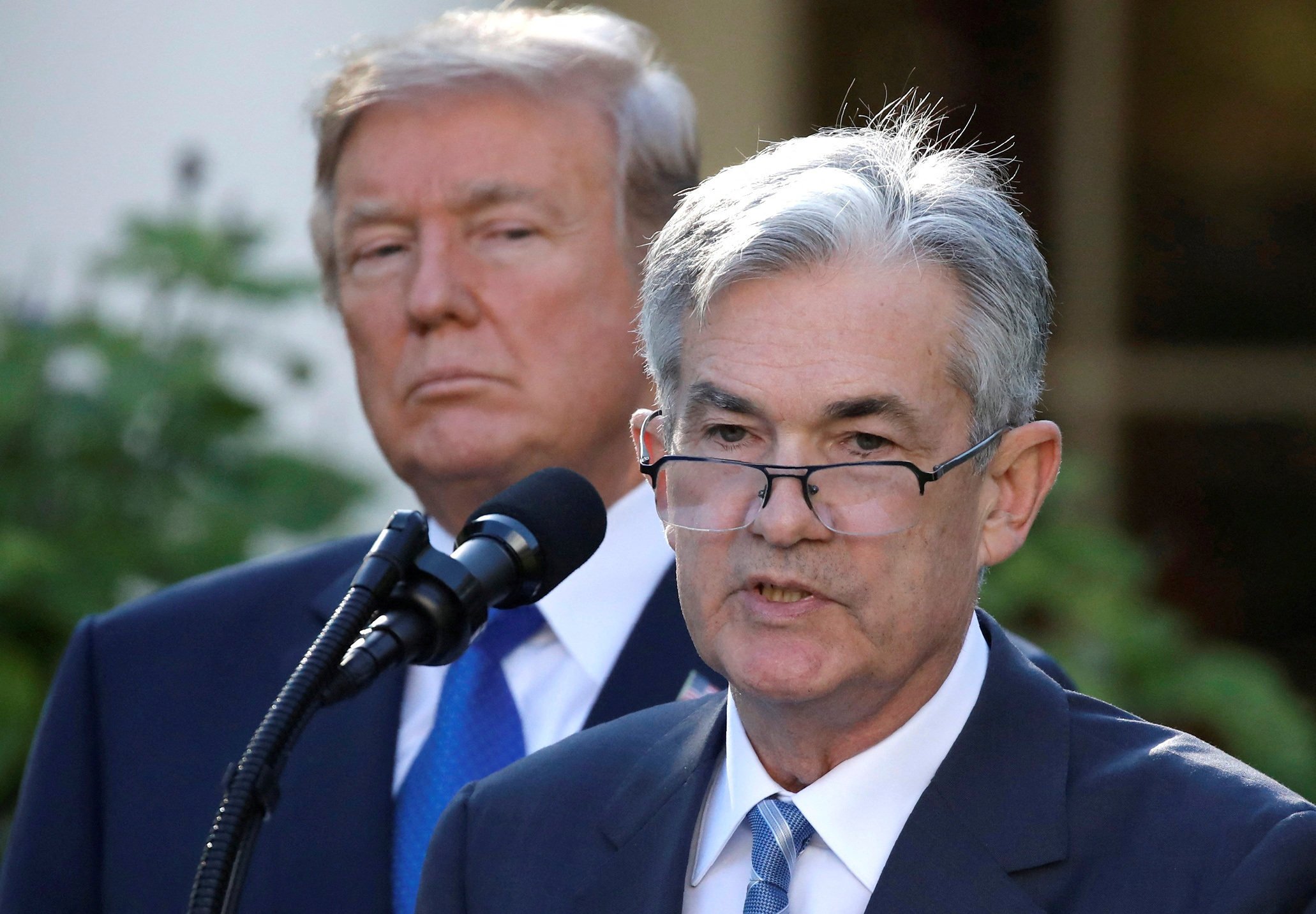 US President Donald Trump looked on as Jerome Powell, his nominee to become chairman of the US Federal Reserve, spoke at the White House on November 2, 2017. Photo: Reuters.