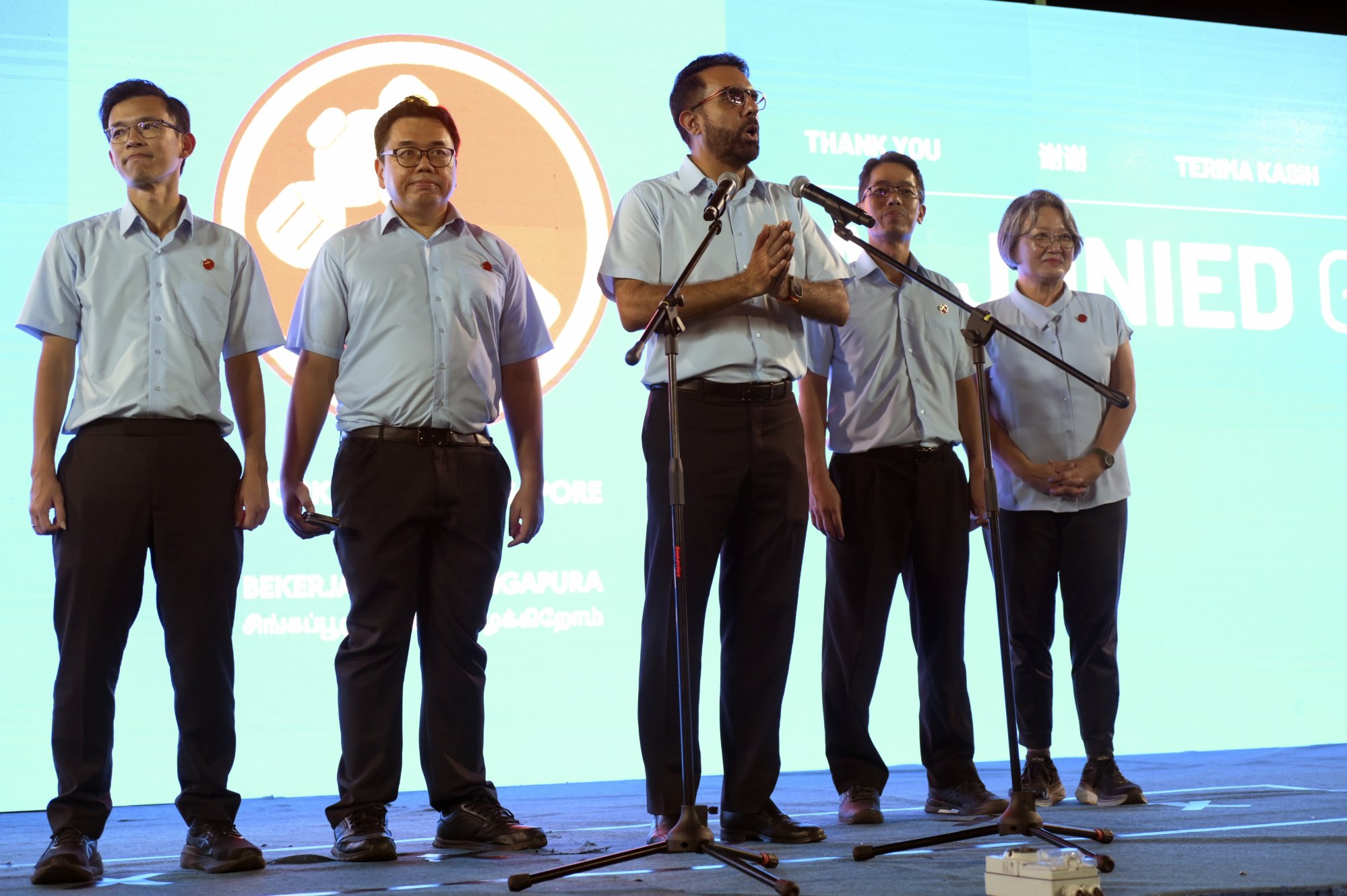 Leader of the Opposition and WP secretary-general Pritam Singh (centre) flanked by party members, including party chair Sylvia Lim (extreme right). Photo: EPA-EFE/SIMON LIM Leader of the Opposition and WP secretary-general Pritam Singh (centre) flanked by party members, including party chair Sylvia Lim (extreme right). Photo: EPA-EFE/SIMON LIM