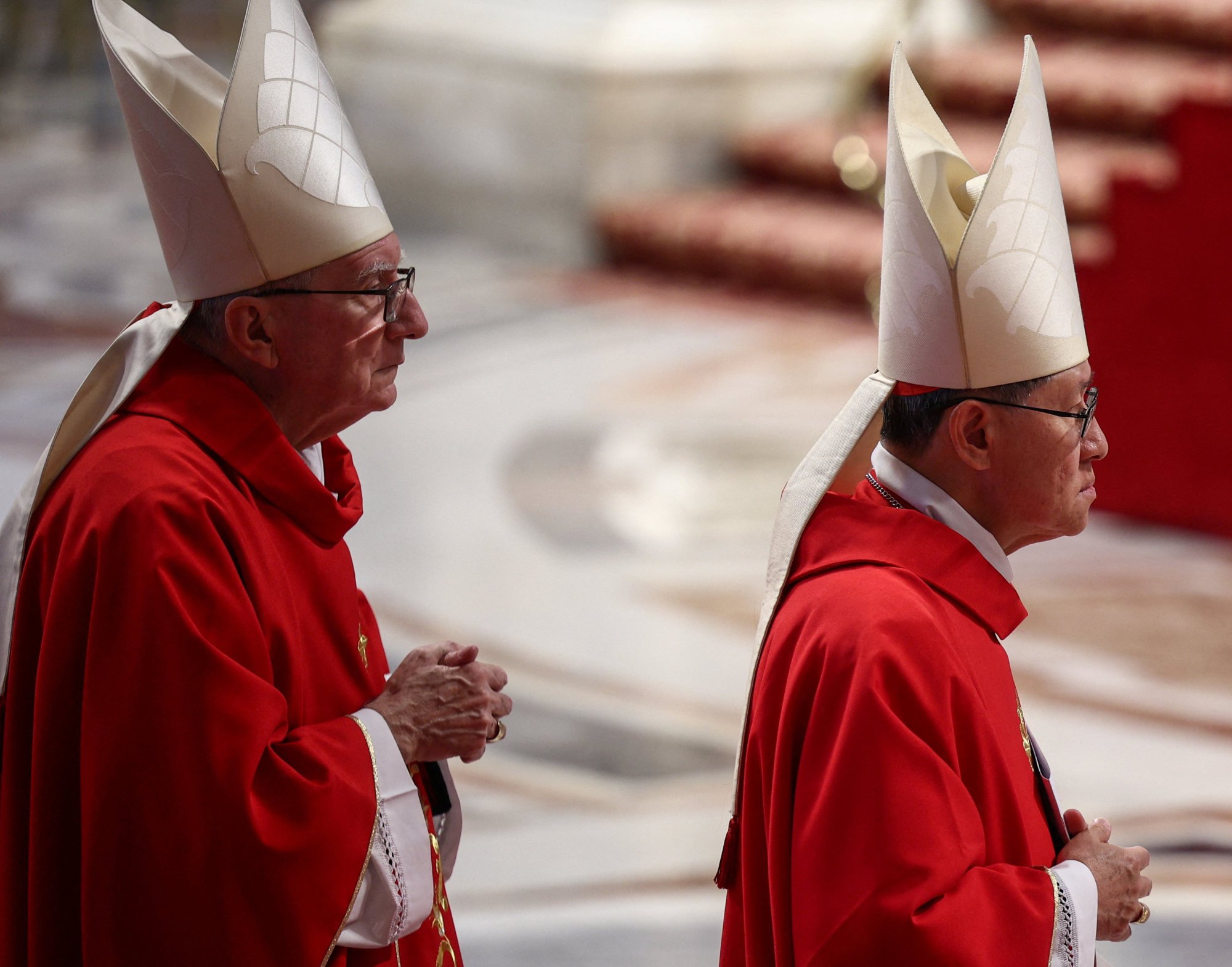 Cardinals Luis Antonio Tagle (right) and Pietro Parolin attend a mourning mass for Pope Francis at St Peter’s Basilica on April 30. Photo: Reuters Cardinals Luis Antonio Tagle (right) and Pietro Parolin attend a mourning mass for Pope Francis at St Peter’s Basilica on April 30. Photo: Reuters