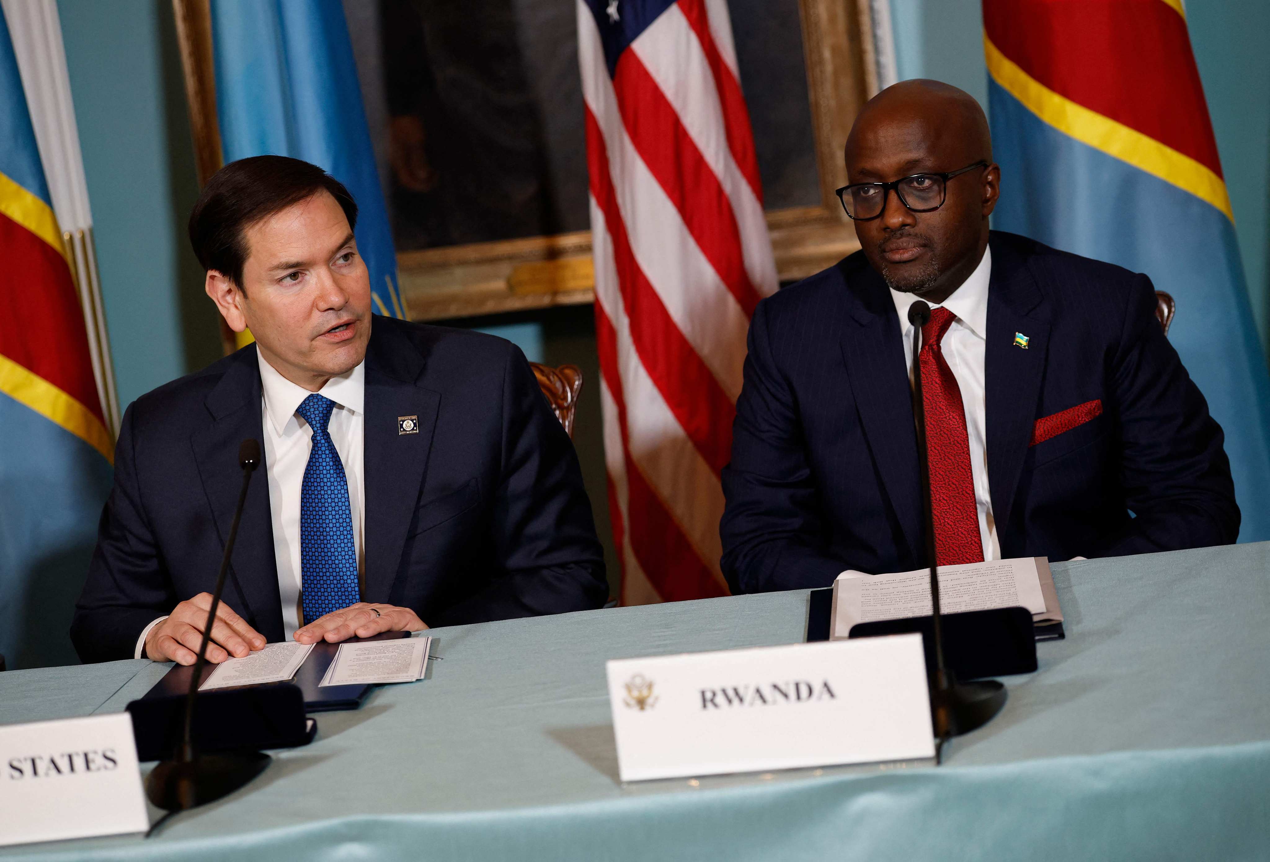 US Secretary of State Marco Rubio speaks alongside Rwandan Foreign Minister Olivier Nduhungirehe on April 25. Photo: Getty