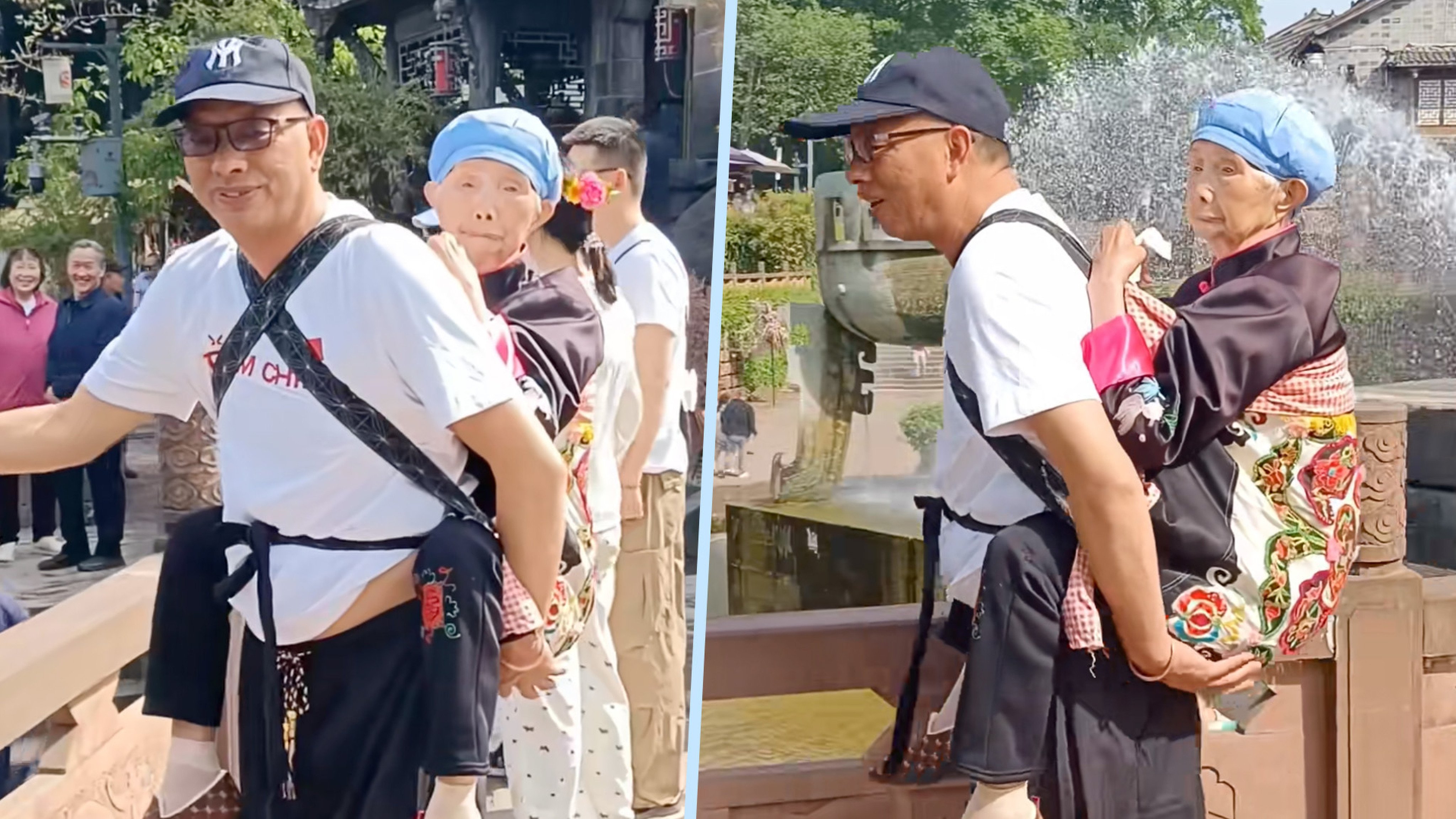 A Chinese son has attracted admiration online for carrying his elderly mother on his back in a baby sling when they go travelling. Photo: SCMP composite/Douyin