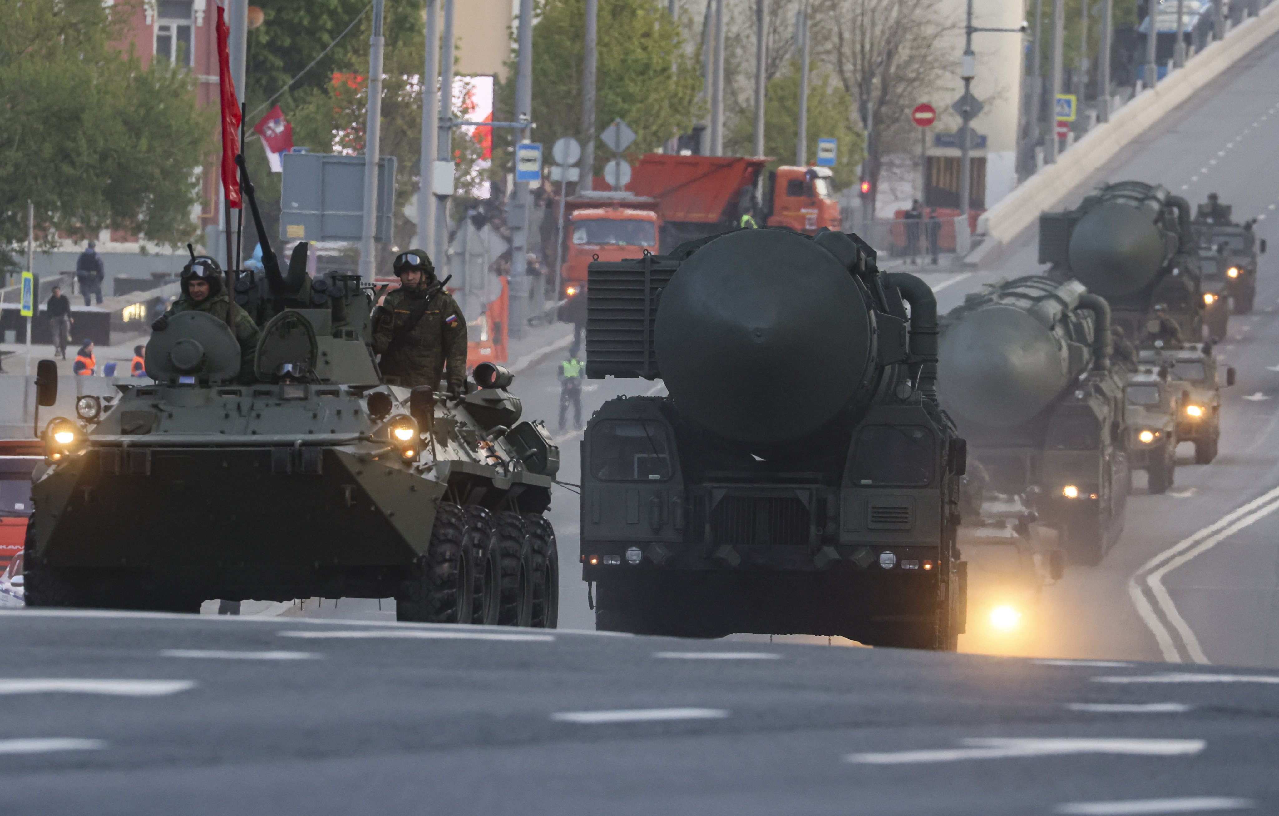 Russian Yars intercontinental ballistic missile launchers during a rehearsal Victory Day celebrations, in downtown Moscow. Photo: EPA-EFE