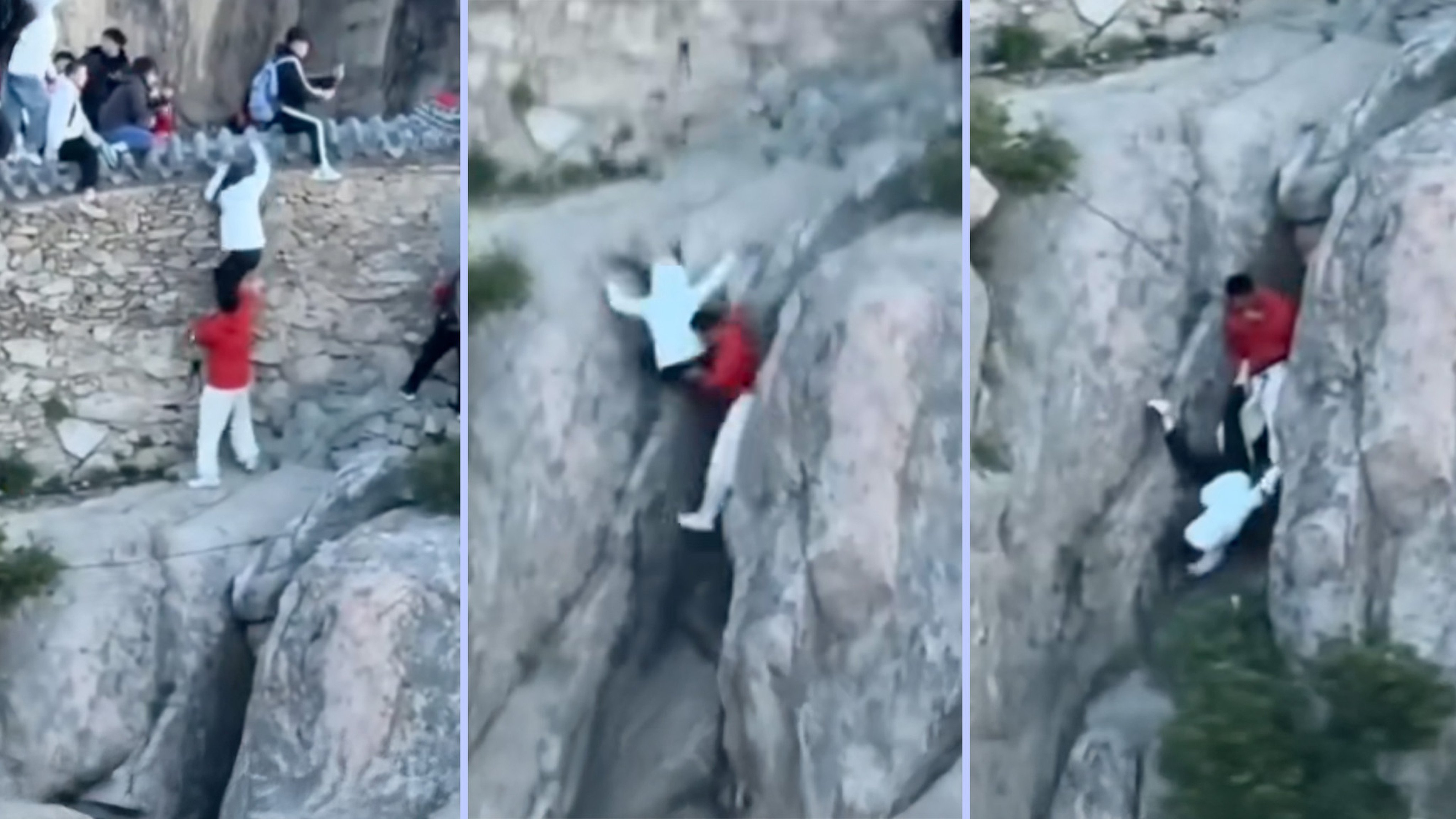 A Chinese couple nearly fell off a cliff while climbing over a wall to bypass long tourist queues on a mountain in the east of the country. Photo: SCMP composite/QQ.com