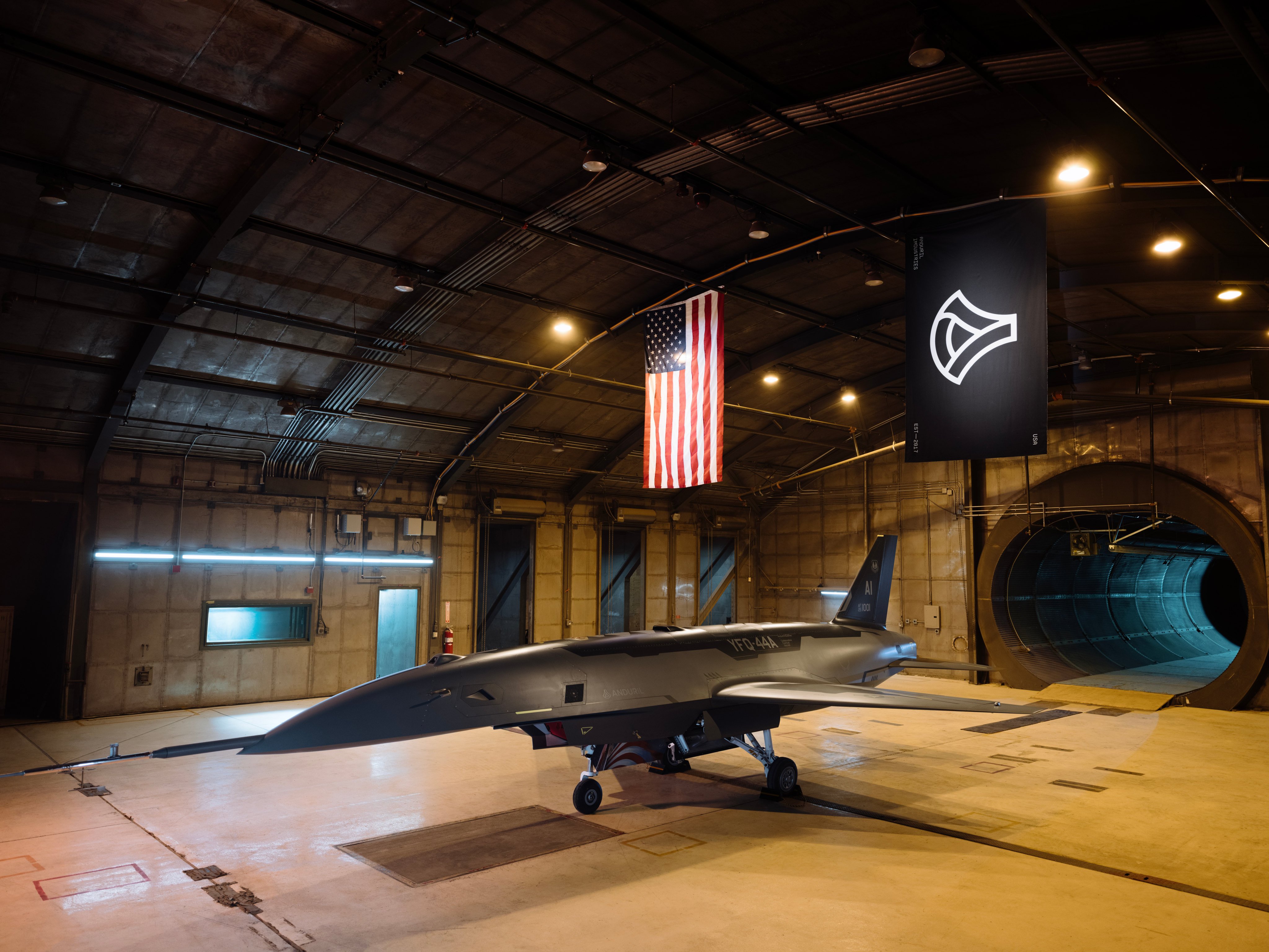 A YFQ-44A drone prototype developed for the US Air Force by defence contractor Anduril is staged in a testing chamber in Costa Mesa, California on Thursday. Photo: US Air Force