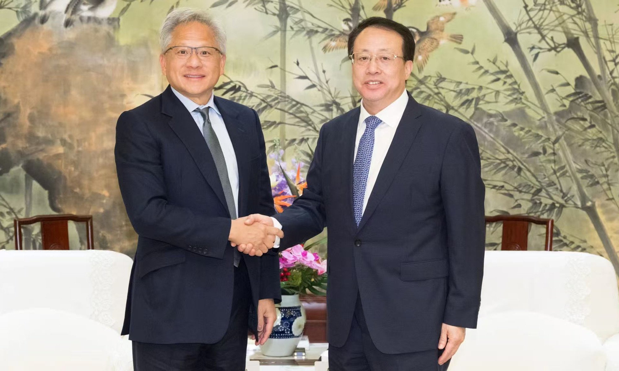 Shanghai Mayor Gong Zheng meets with Nvidia CEO Jensen Huang in Shanghai on April 18. Photo: Shanghai Fabu Shanghai Mayor Gong Zheng meets with Nvidia CEO Jensen Huang in Shanghai on April 18. Photo: Shanghai Fabu