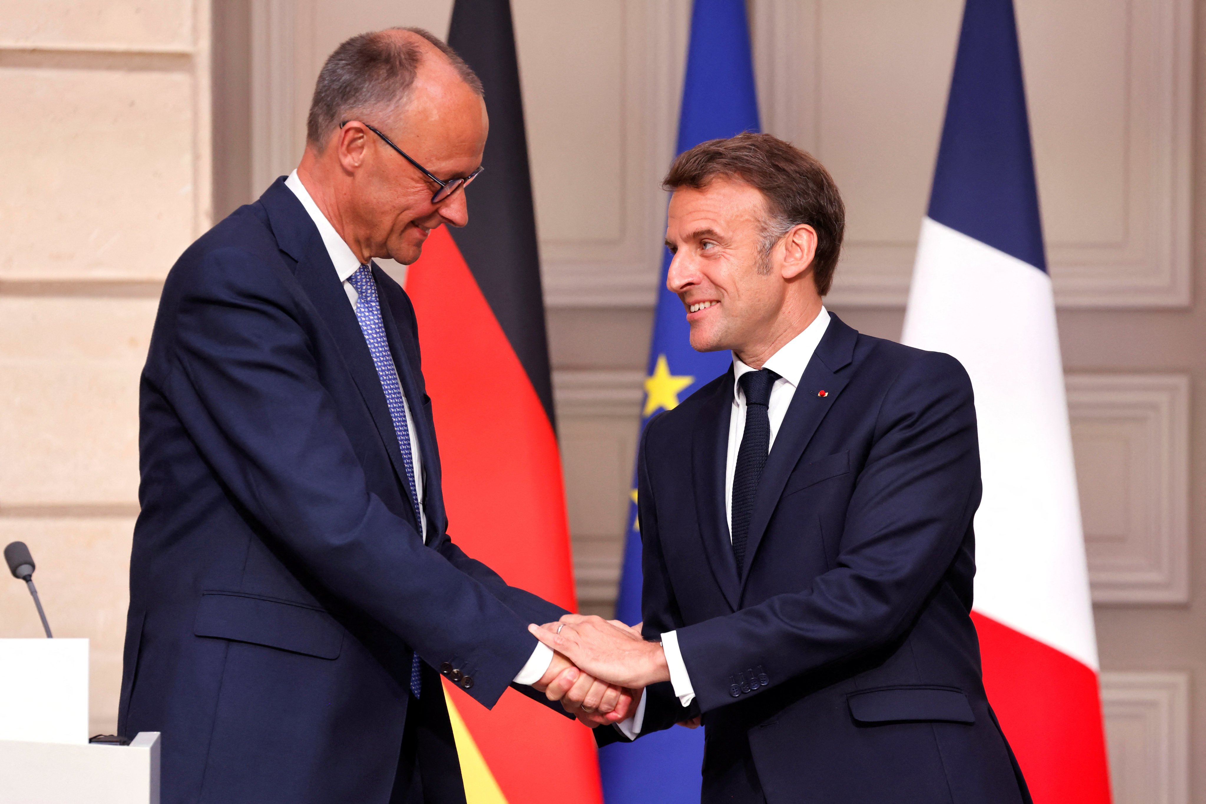 Germany’s newly elected Chancellor Friedrich Merz (left) and France’s President Emmanuel Macron at the Elysee presidential palace in Paris on Wednesday. Photo: Reuters