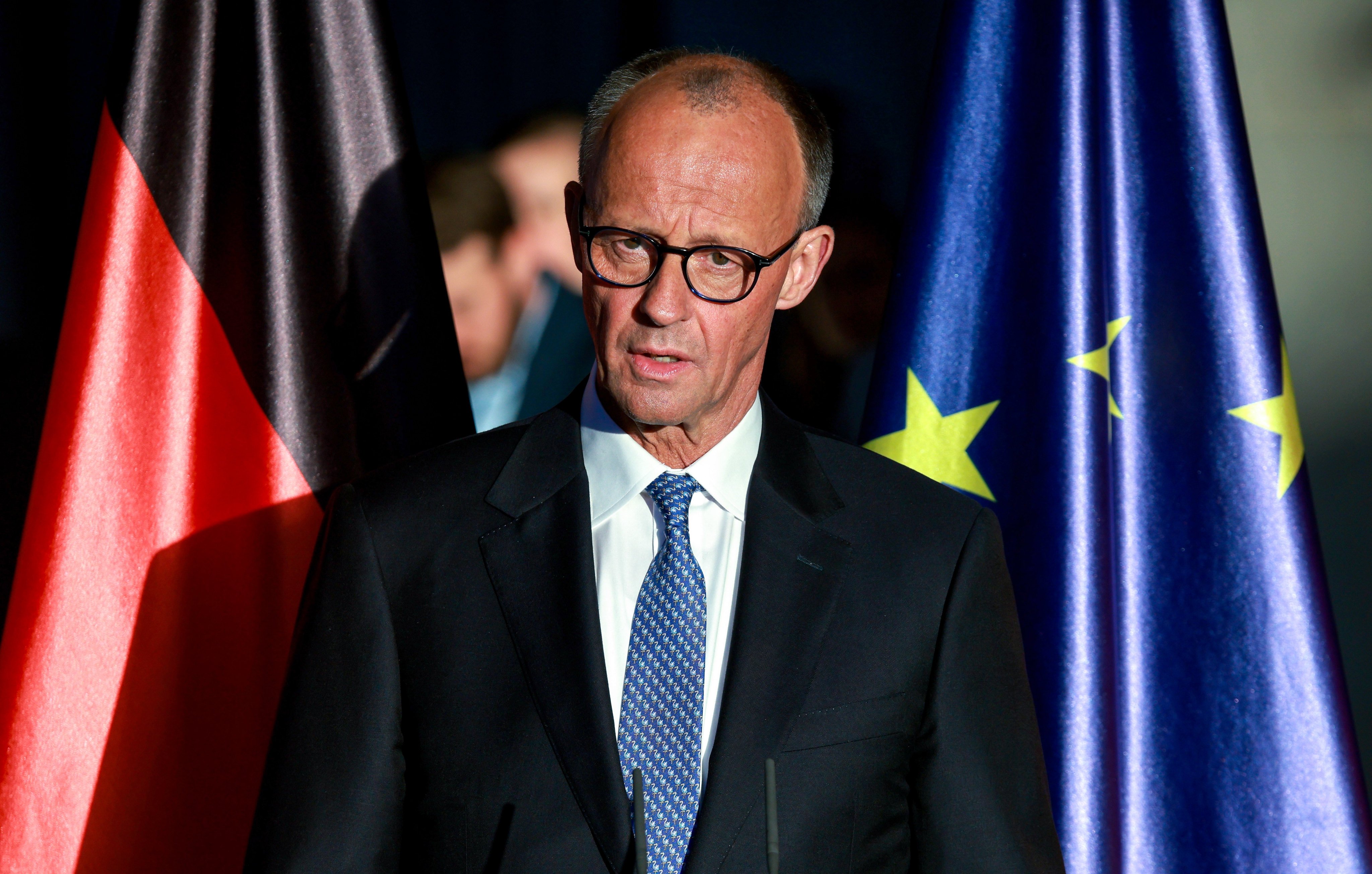 German Chancellor Friedrich Merz speaks during the handover ceremony at the Chancellery in Berlin on Tuesday. The new German government is expected to be formed between the Union parties of Christian Democratic Union (CDU) and Christian Social Union (CSU) and the coalition partner, Social Democratic Party (SPD). Photo: EPA-EFE