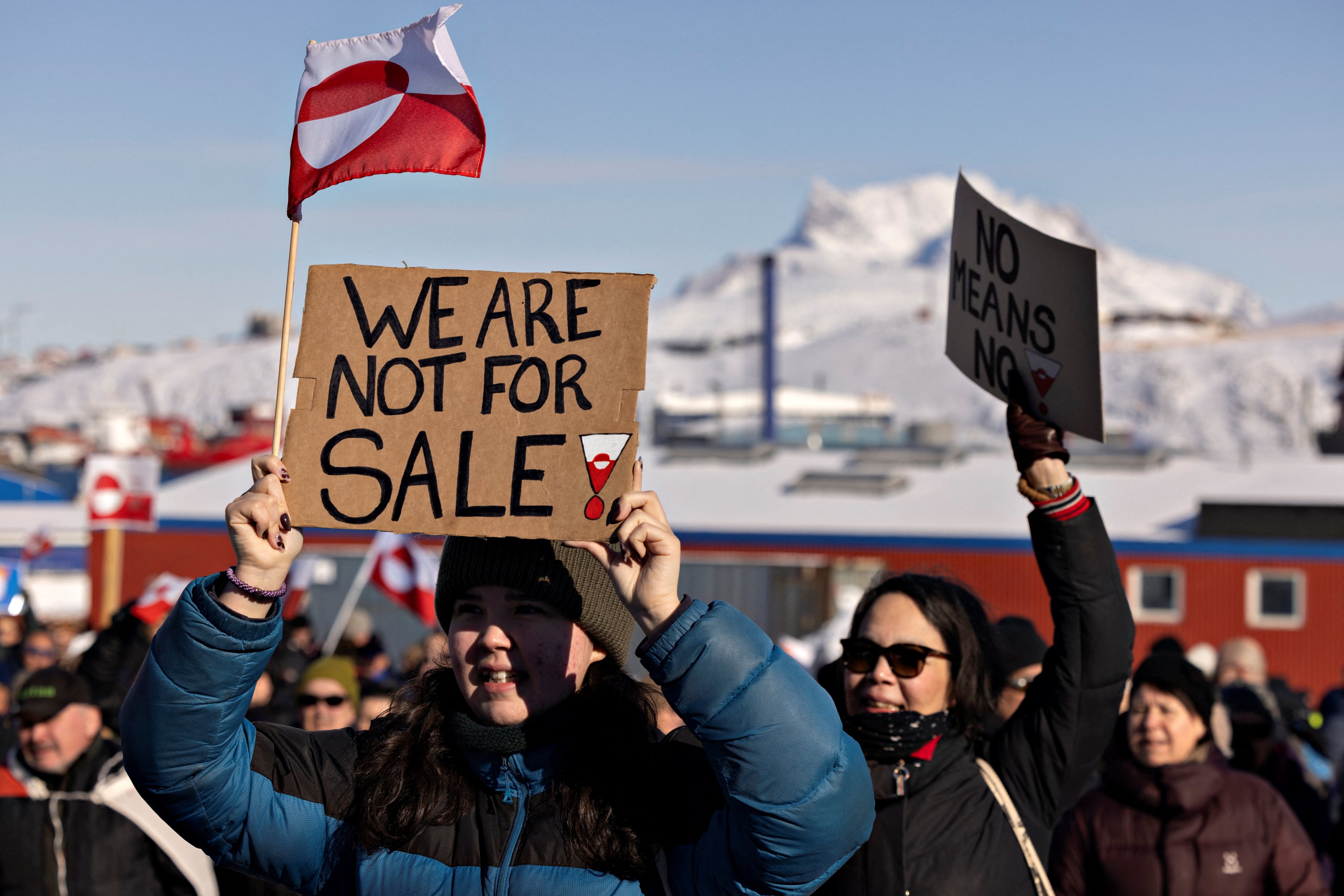 Protesters gather in front of the US consulate in Nuuk, Greenland, in March. Photo: Reuters