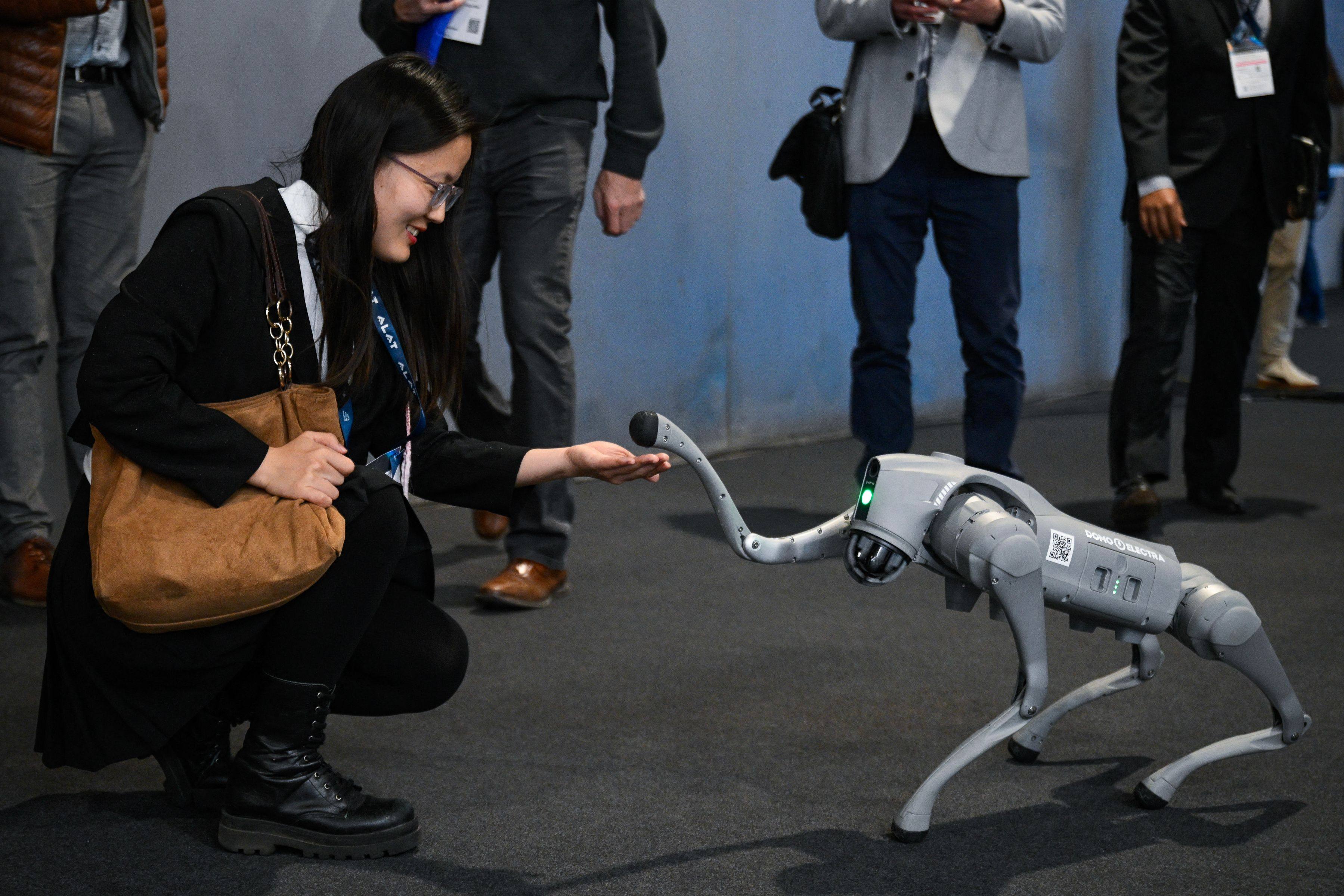 Unitree’s Go2-W robot interacts with an attendee during the Mobile World Congress in Barcelona. Photo: AFP
