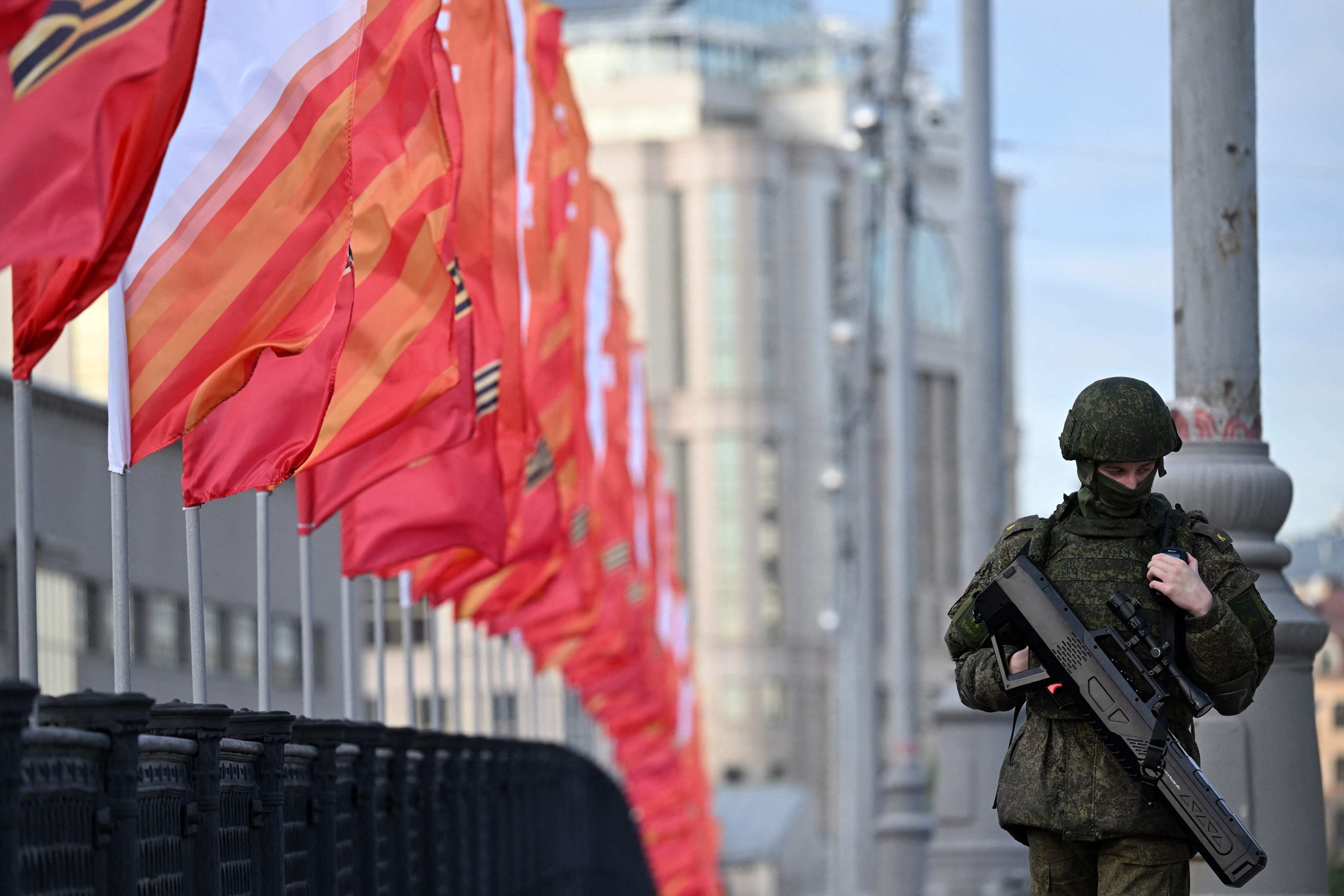 A Russian serviceman patrols with an anti-drone gun on Wednesday ahead of the general rehearsal for the Victory Day military parade in Moscow. Photo: AFP