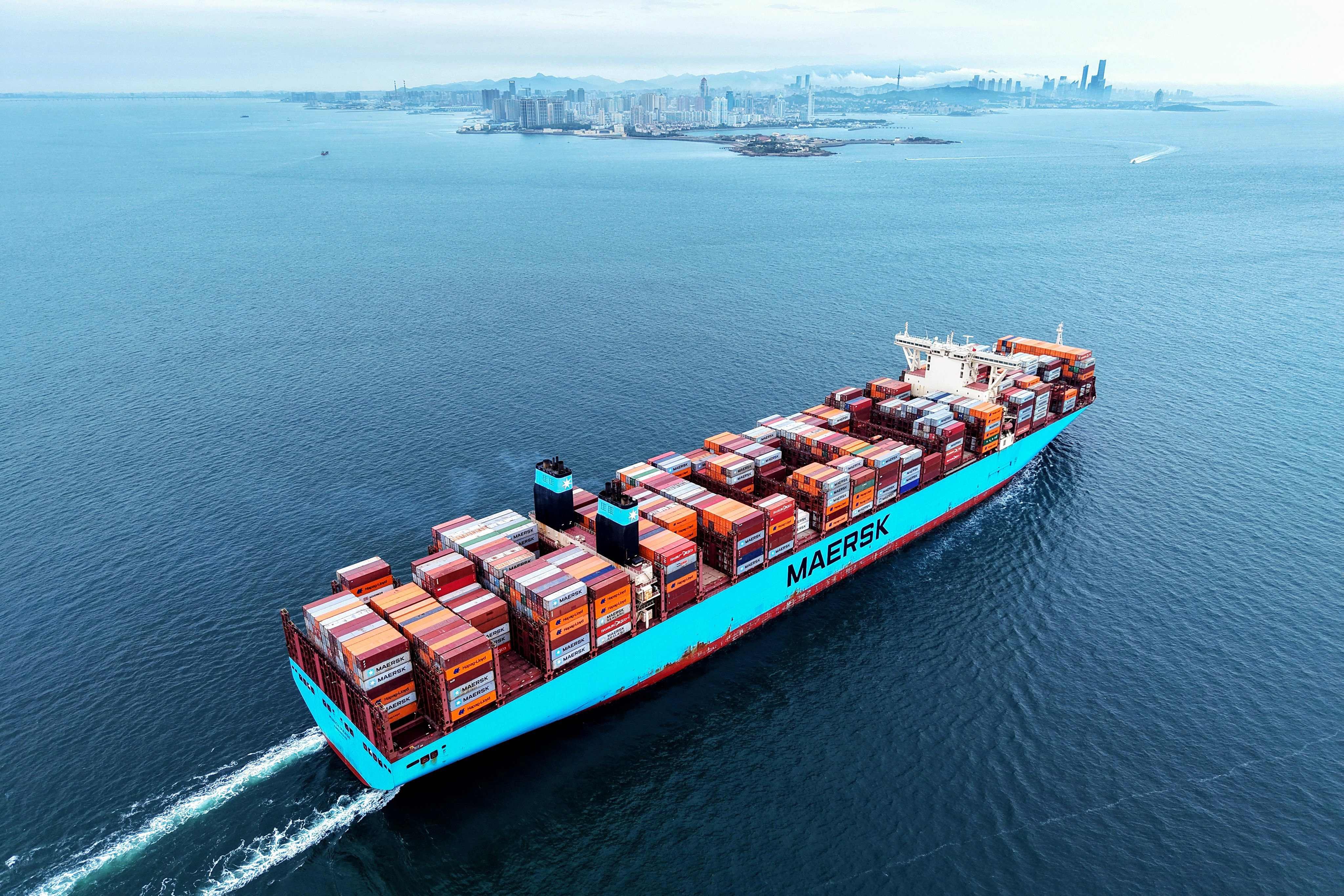 A cargo ship leaving the port in Qingdao, in eastern China’s Shandong province on Wednesday. Photo: AFP
