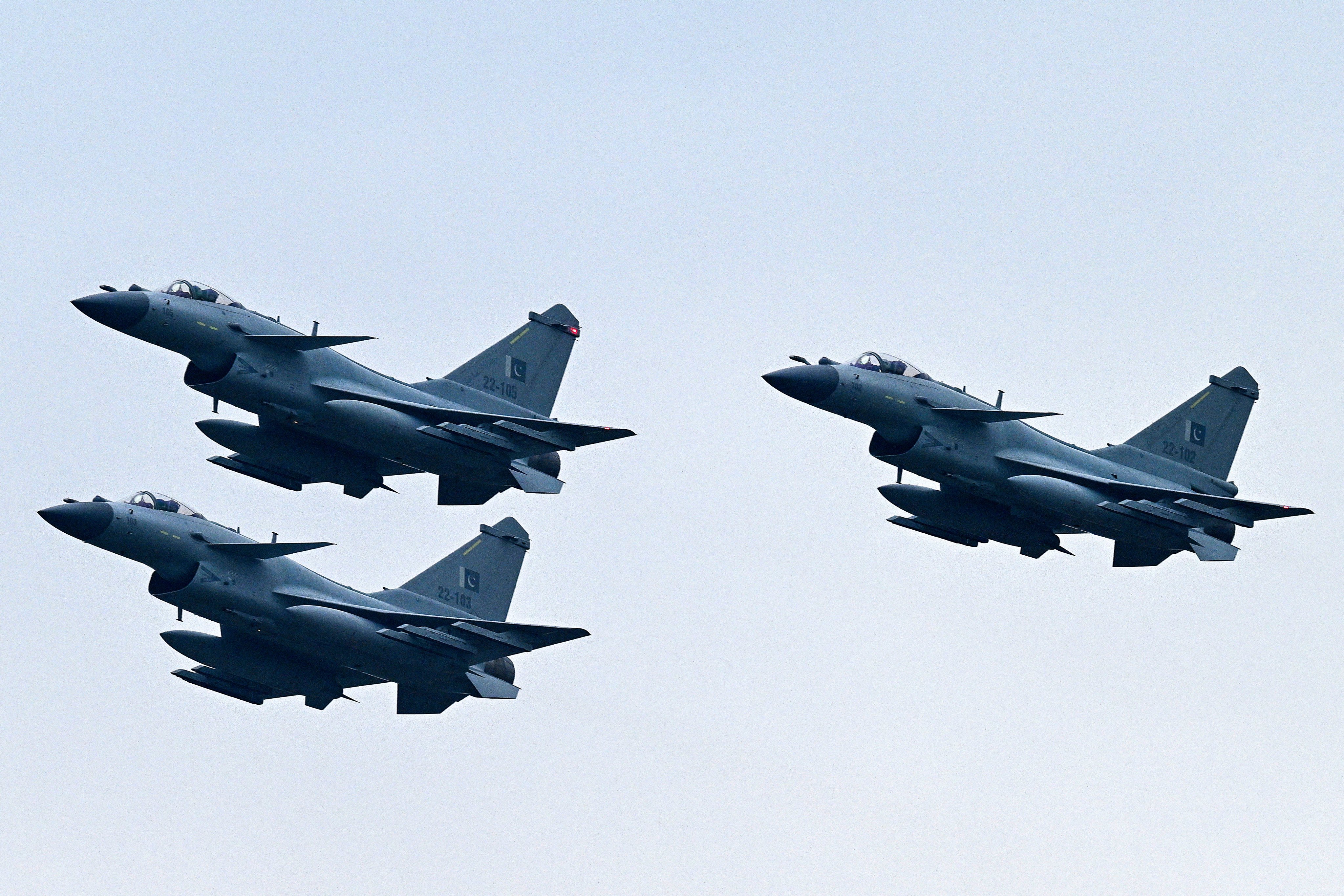 Pakistan Air Force J-10C fighter jets perform at a rehearsal ahead of the country’s national day parade in Islamabad on March 21, 2024. Photo: AFP