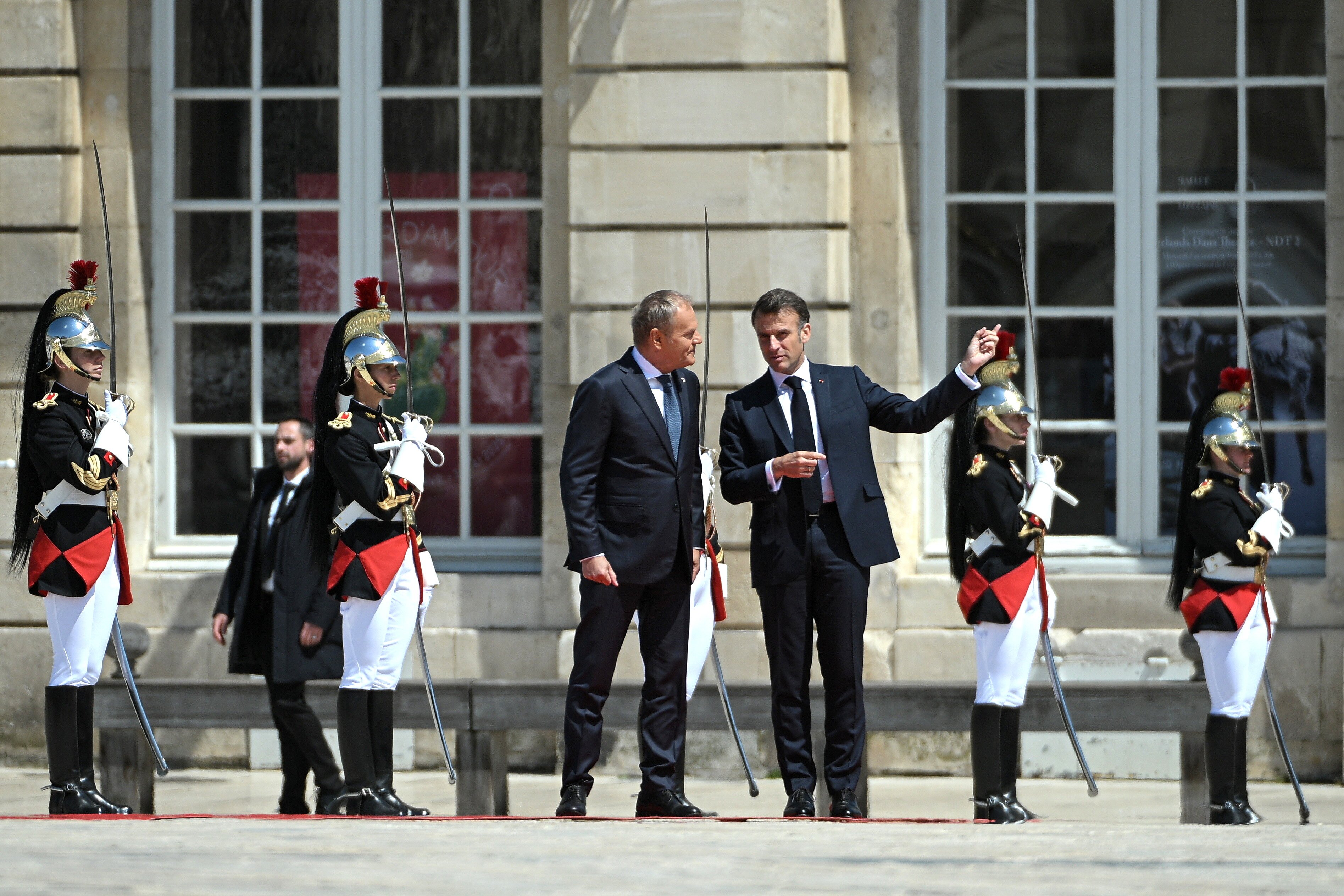 French President Emmanuel Macron (right) and Polish Prime Minister Donald Tusk at Stanislas square in Nancy, Franceon Friday. Photo: EPA-EFE