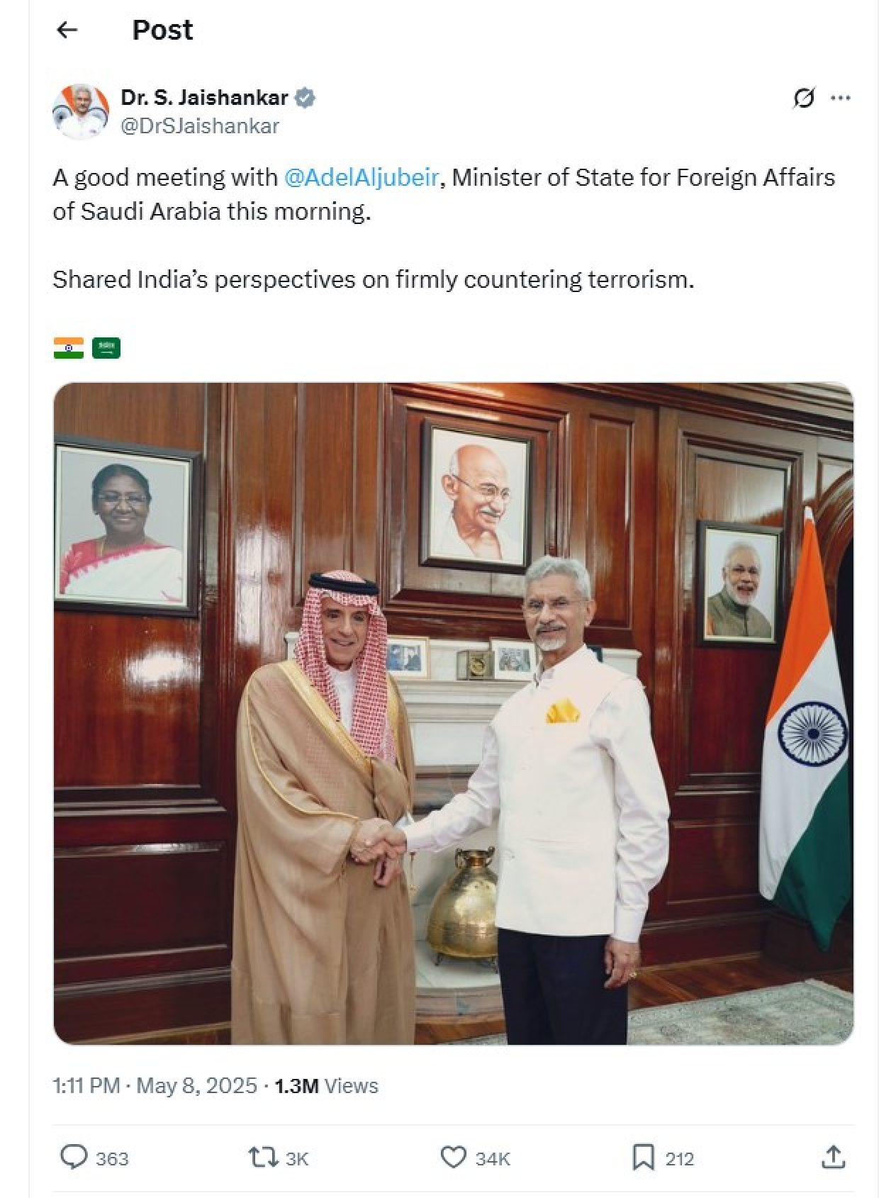 Saudi Arabia’s junior Foreign Minister Adel al-Jubeir with India’s Minister of External Affairs Subrahmanyam Jaishankar in New Delhi on Thursday. Photo: X/@DrSJaishankar Saudi Arabia’s junior Foreign Minister Adel al-Jubeir with India’s Minister of External Affairs Subrahmanyam Jaishankar in New Delhi on Thursday. Photo: X/@DrSJaishankar