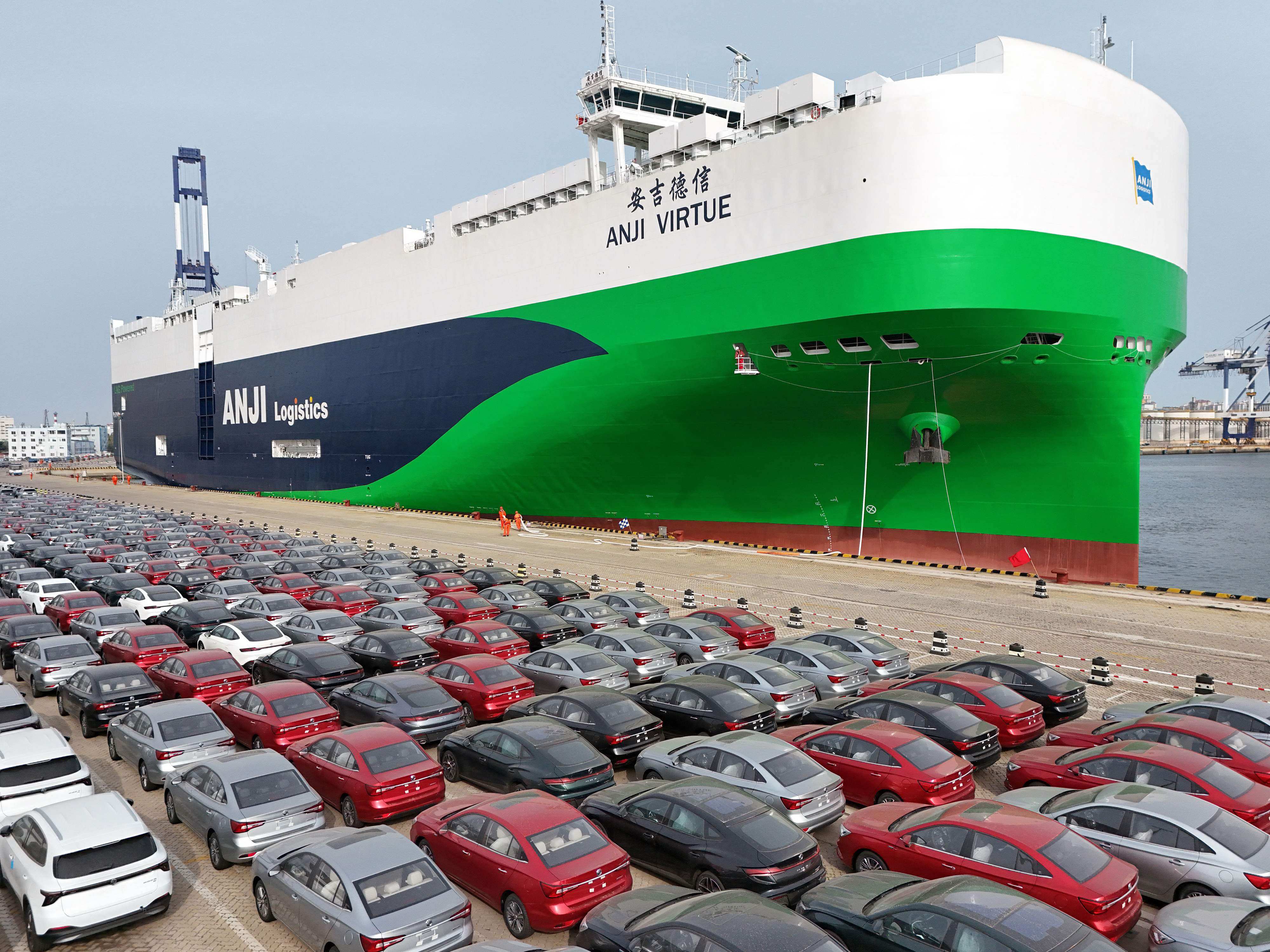 Chinese-made MG cars await loading onto a car-carrying ship in Yantai, Shandong province, on April 18. Photo: AFP