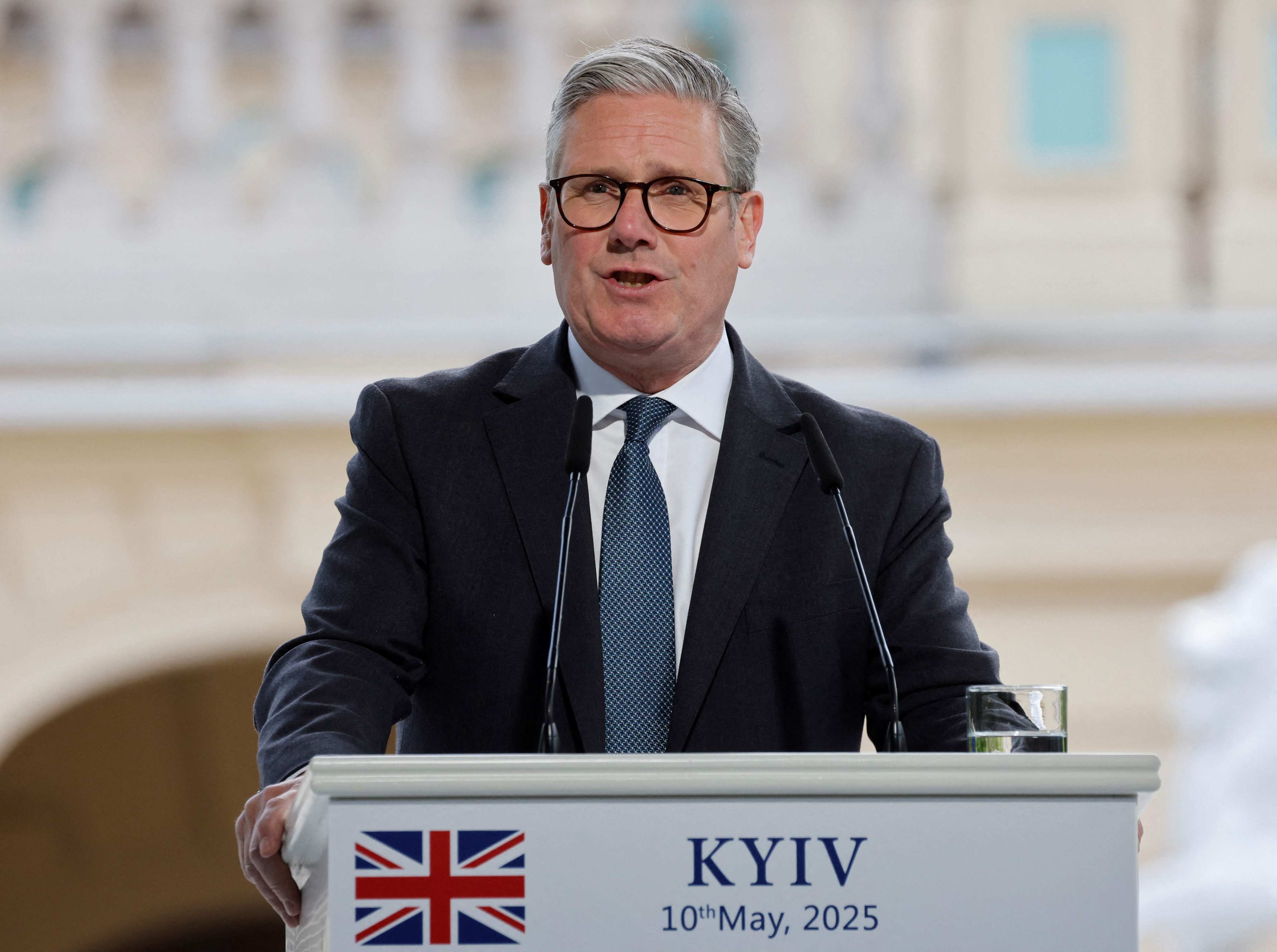 British Prime Minister Keir Starmer speaks during a press conference in the grounds of the Mariynsky Palace in Kyiv on Saturday. Photo: AFP