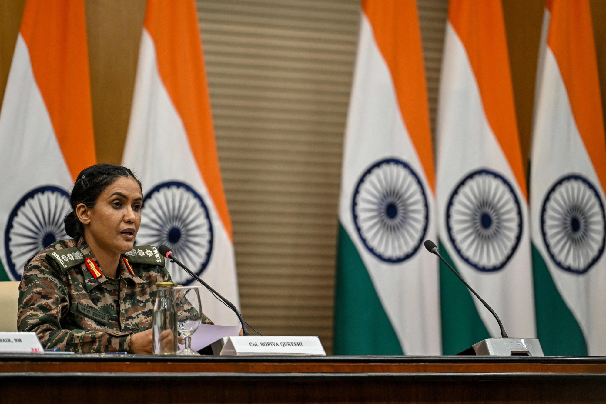 Indian Army Colonel Sophia Qureshi speaks during a press briefing, at the Ministry of External Affairs in New Delhi on Saturday. Photo: AFP Indian Army Colonel Sophia Qureshi speaks during a press briefing, at the Ministry of External Affairs in New Delhi on Saturday. Photo: AFP