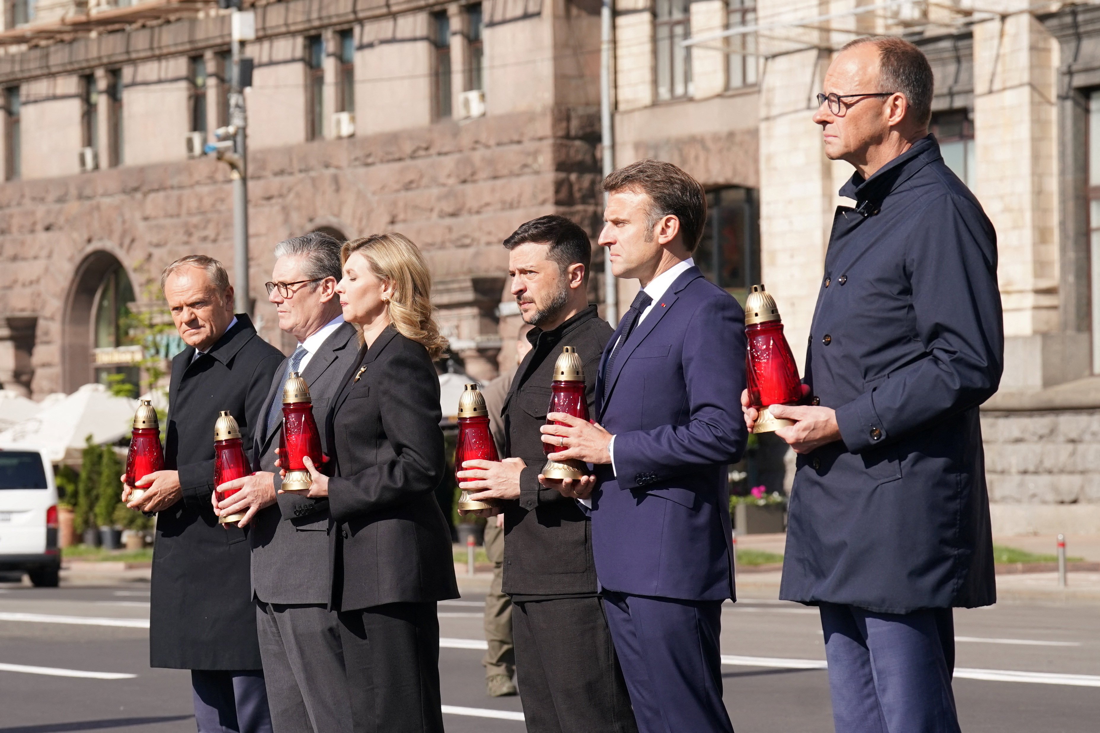 (right to left) German Chancellor Friedrich Merz, French President Emanuel Macron, Ukrainian President Volodymyr Zelensky and his wife Olena Zelenska, Britain’s Prime Minister Keir Starmer, and Poland’s Prime Minister Donald Tusk visit Maidan Square on Saturday. Photo: Reuters