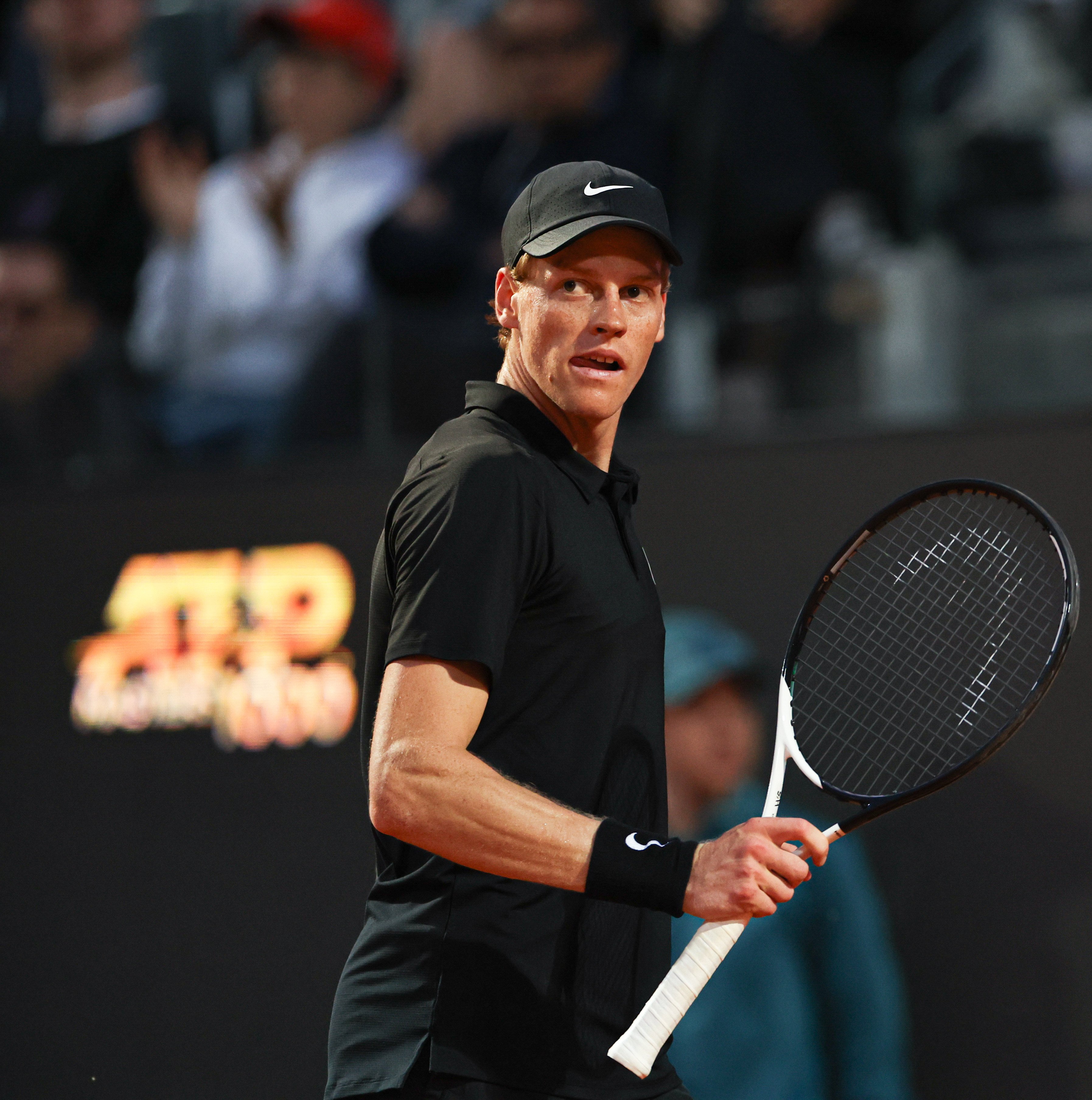 Jannik Sinner celebrates winning a point during his second-round victory over Argentina’s Mariano Navone at the Italian Open. Photo: Xinhua