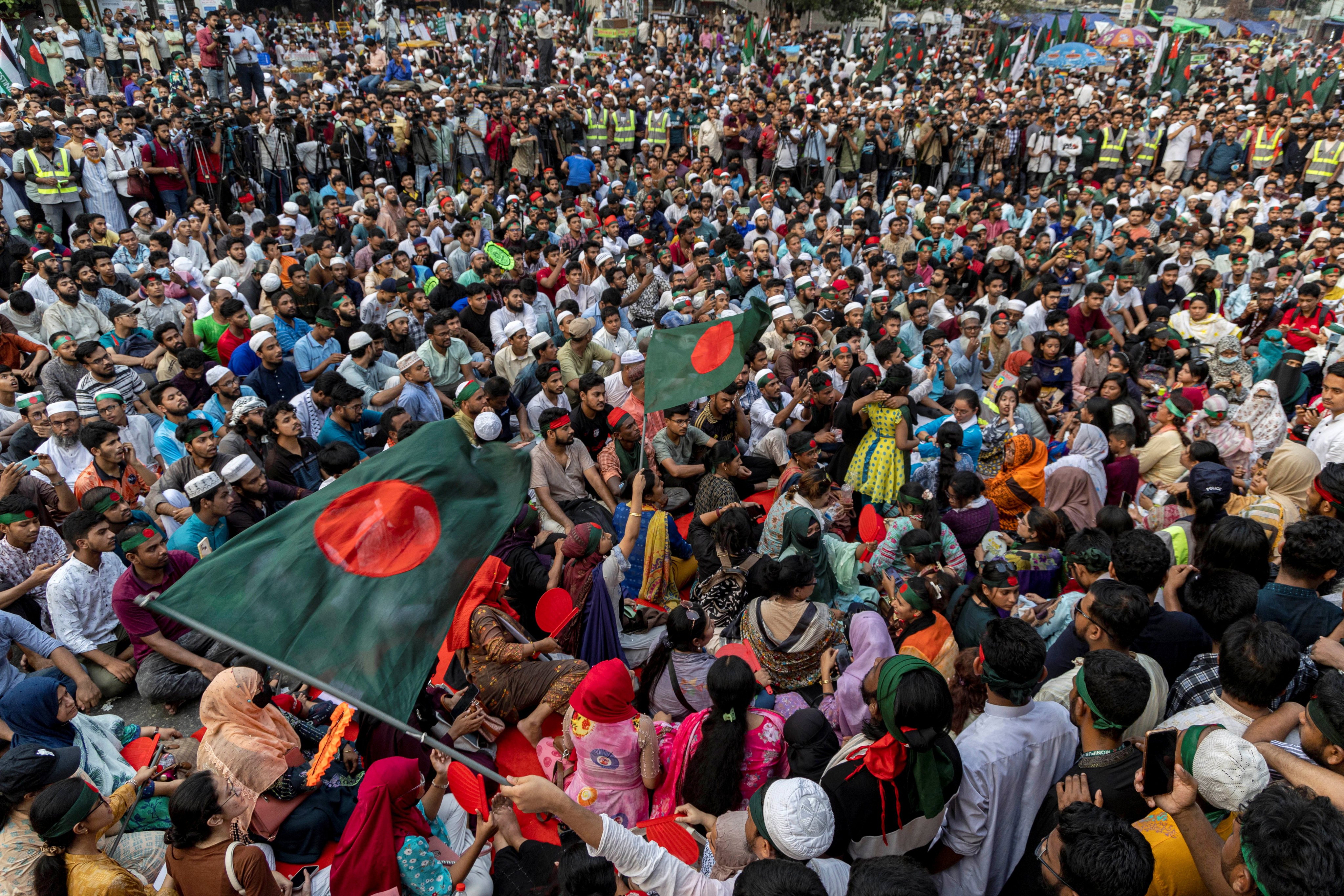 Protesters block Shahbagh Square demanding the ban of the Awami League, in Dhaka, Bangladesh, on Saturday. Photo: Reuters
