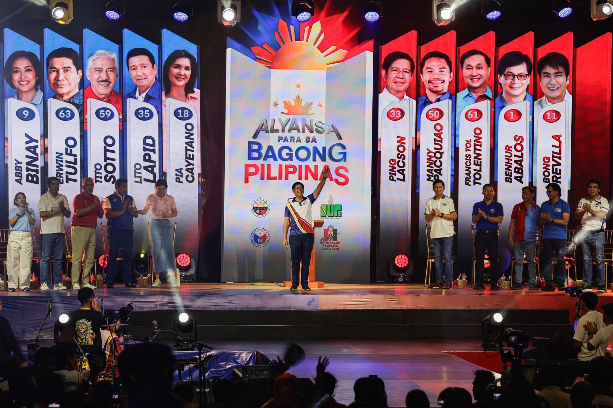 Philippine President Ferdinand Marcos Jnr (centre) endorses senatorial candidates in Mandaluyong City, Metro Manila, on May 9. Photo: EPA-EFE Philippine President Ferdinand Marcos Jnr (centre) endorses senatorial candidates in Mandaluyong City, Metro Manila, on May 9. Photo: EPA-EFE