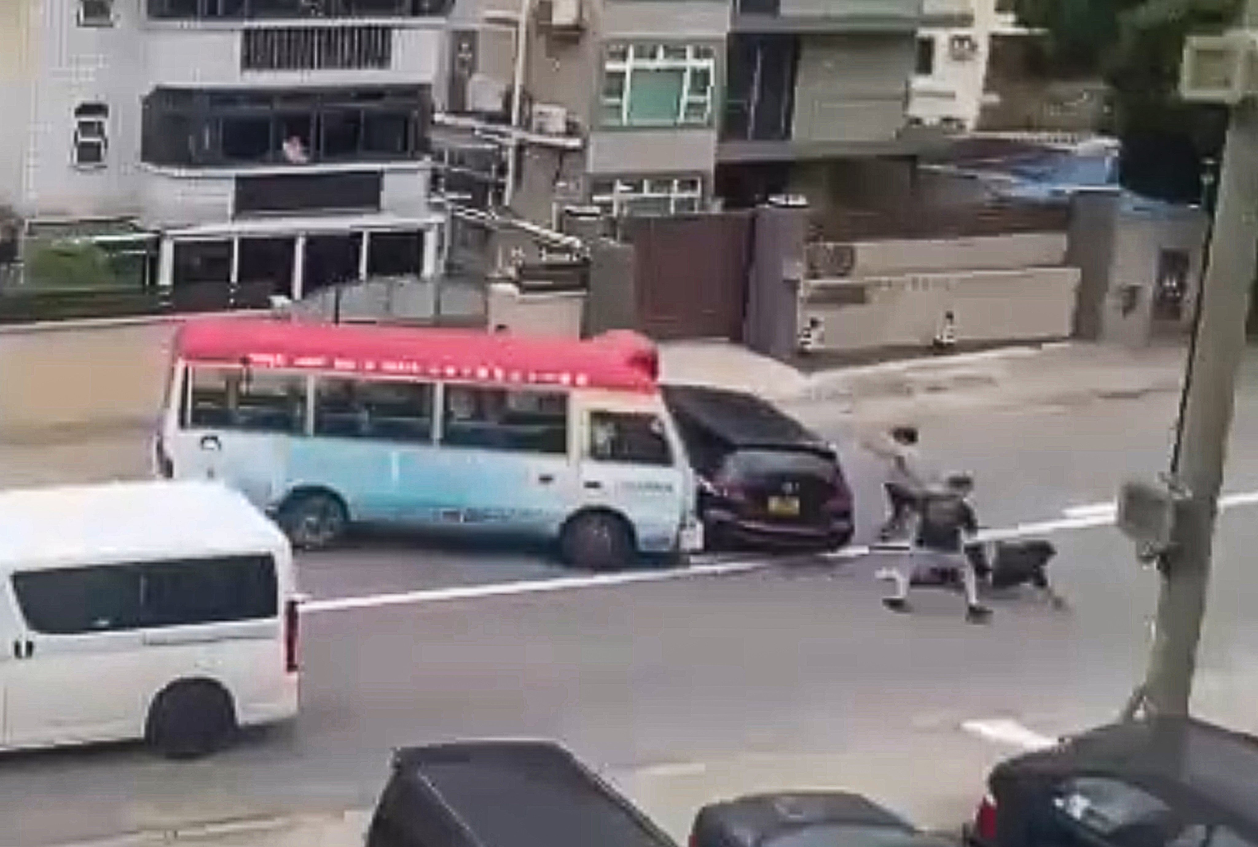 Several of the men were forced to get out of the way as the minibus slammed into their car. Photo: Handout