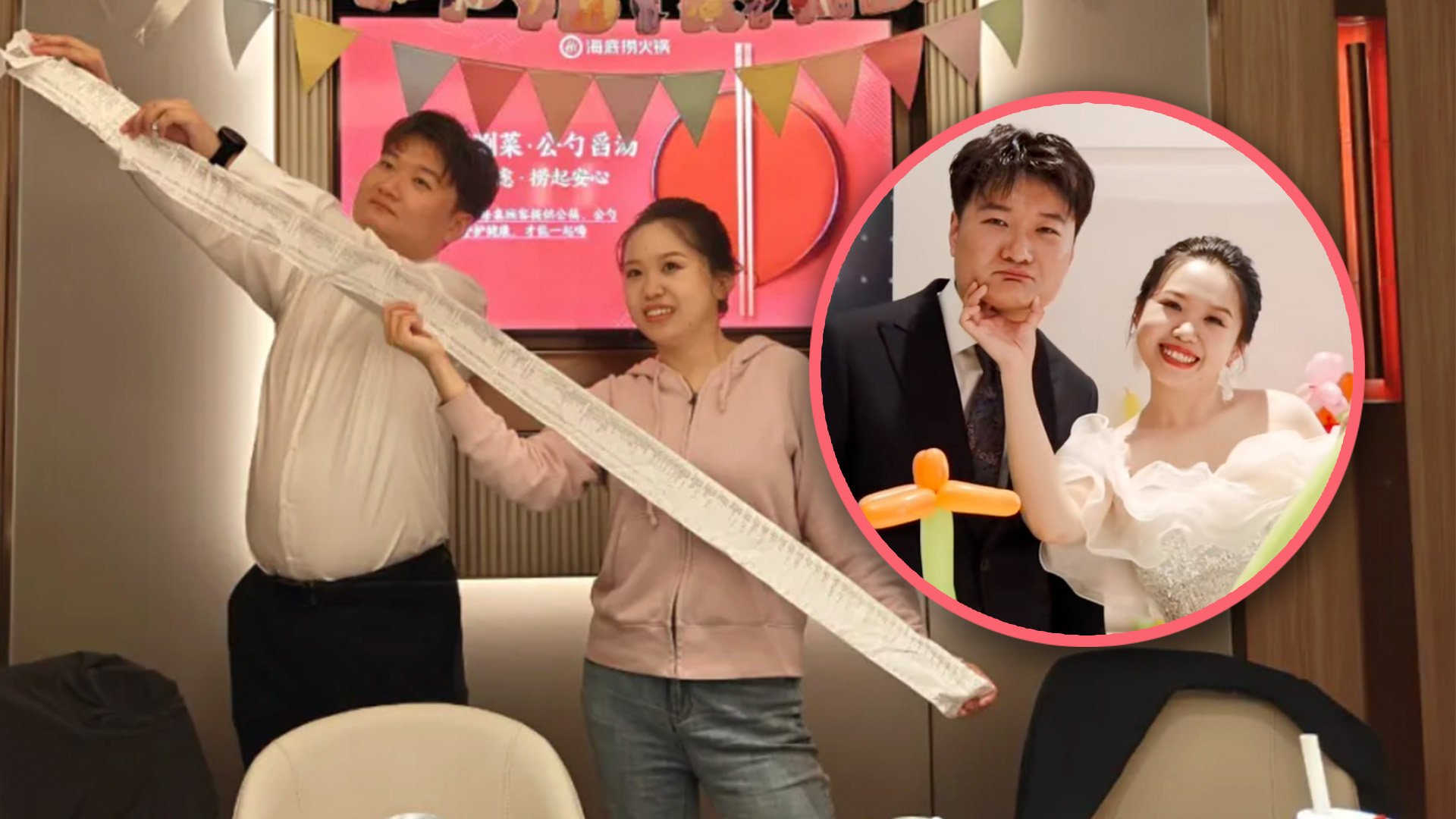 A Chinese couple recently celebrated their wedding at a hotpot restaurant for US$3,100, drawing attention with a remarkable two-metre-long bill. Photo: SCMP composite/Douyin/QQ.com