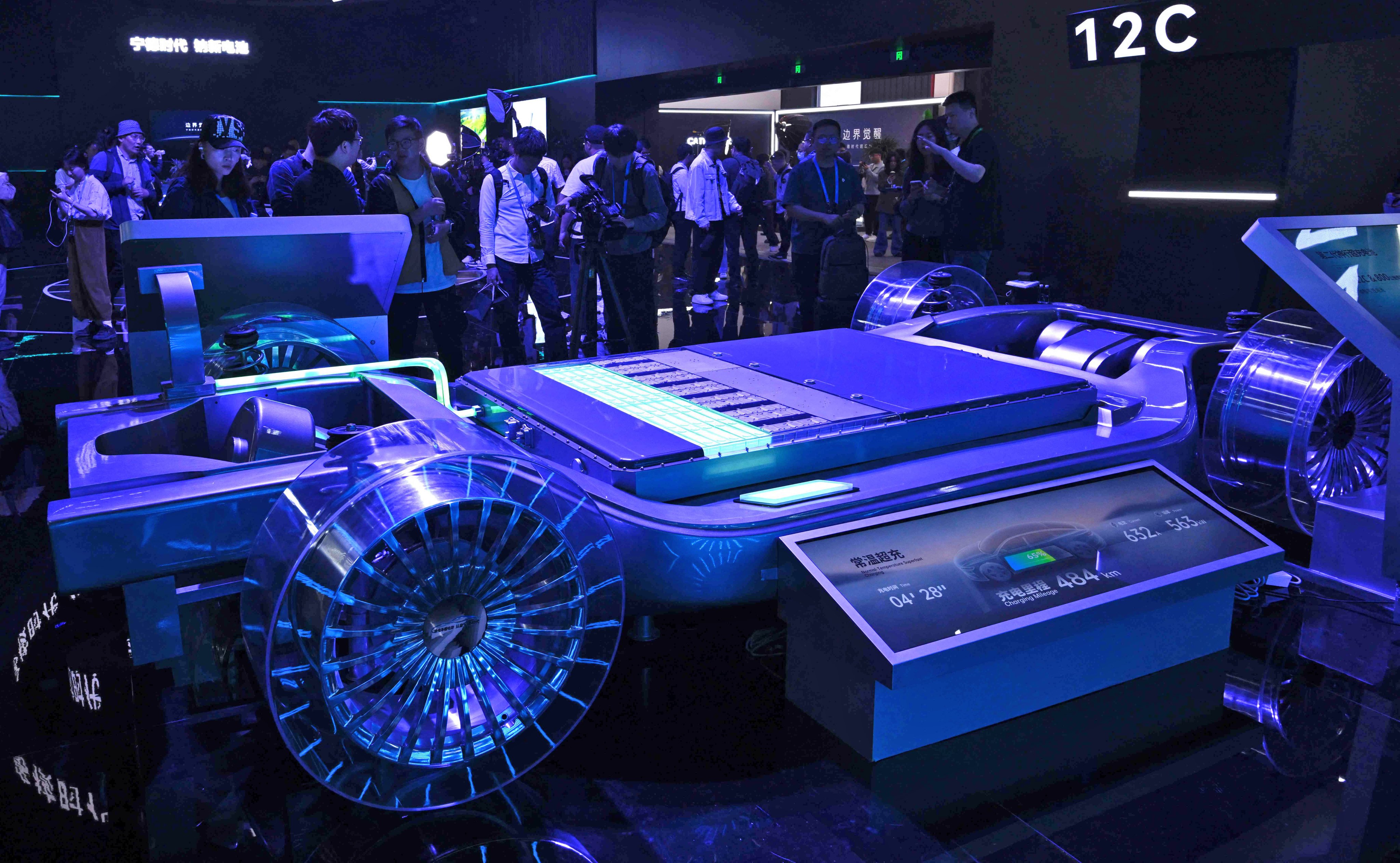 A model of CATL’s second-generation Shenxing Superfast Charging Battery is displayed during CATL Tech Day ahead of the Shanghai Auto Show in Shanghai on April 21, 2025. Photo: AFP