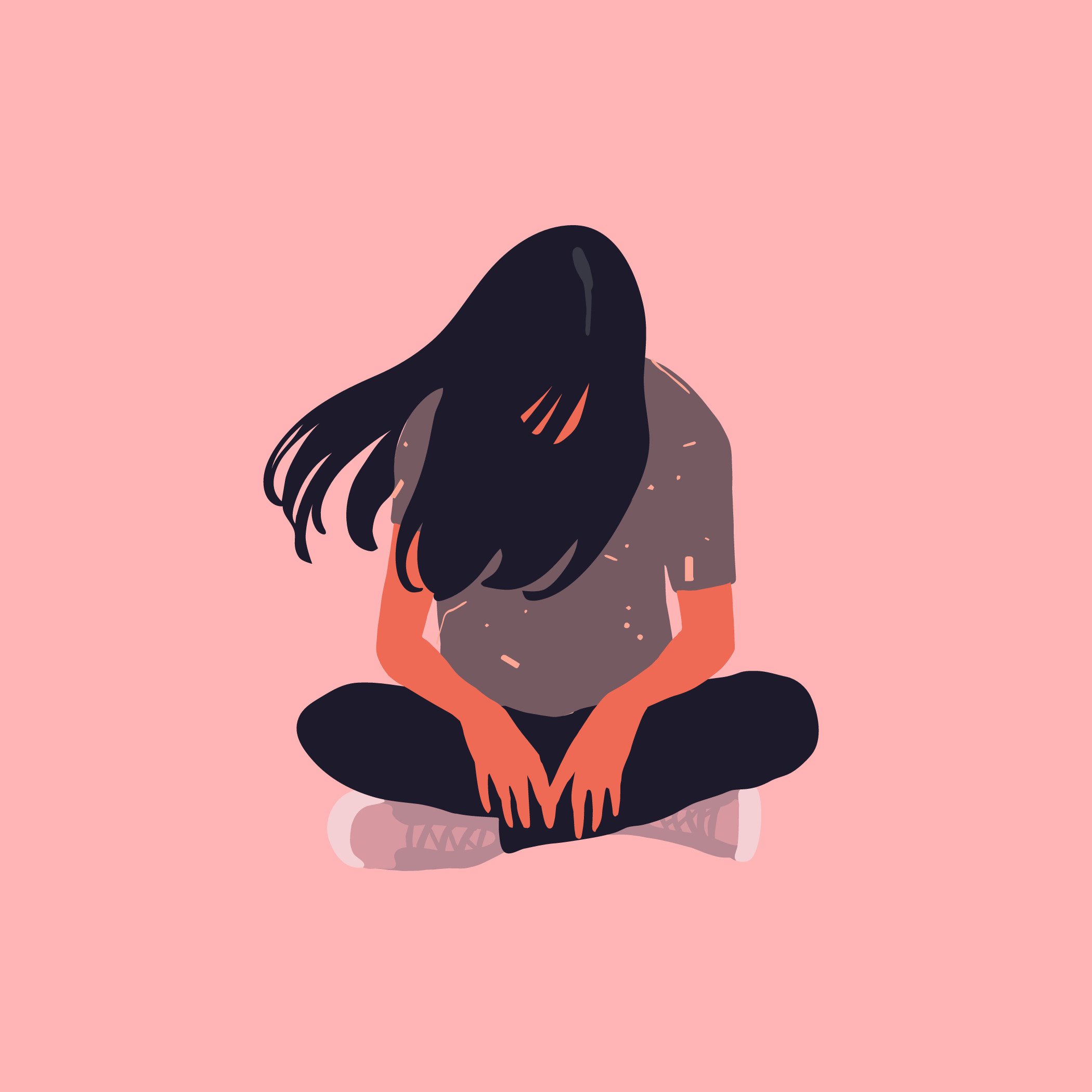 Sad and lonely teenager girl sitting in lotus position on the floor and lowered her head down. Illustration: Shutterstock
