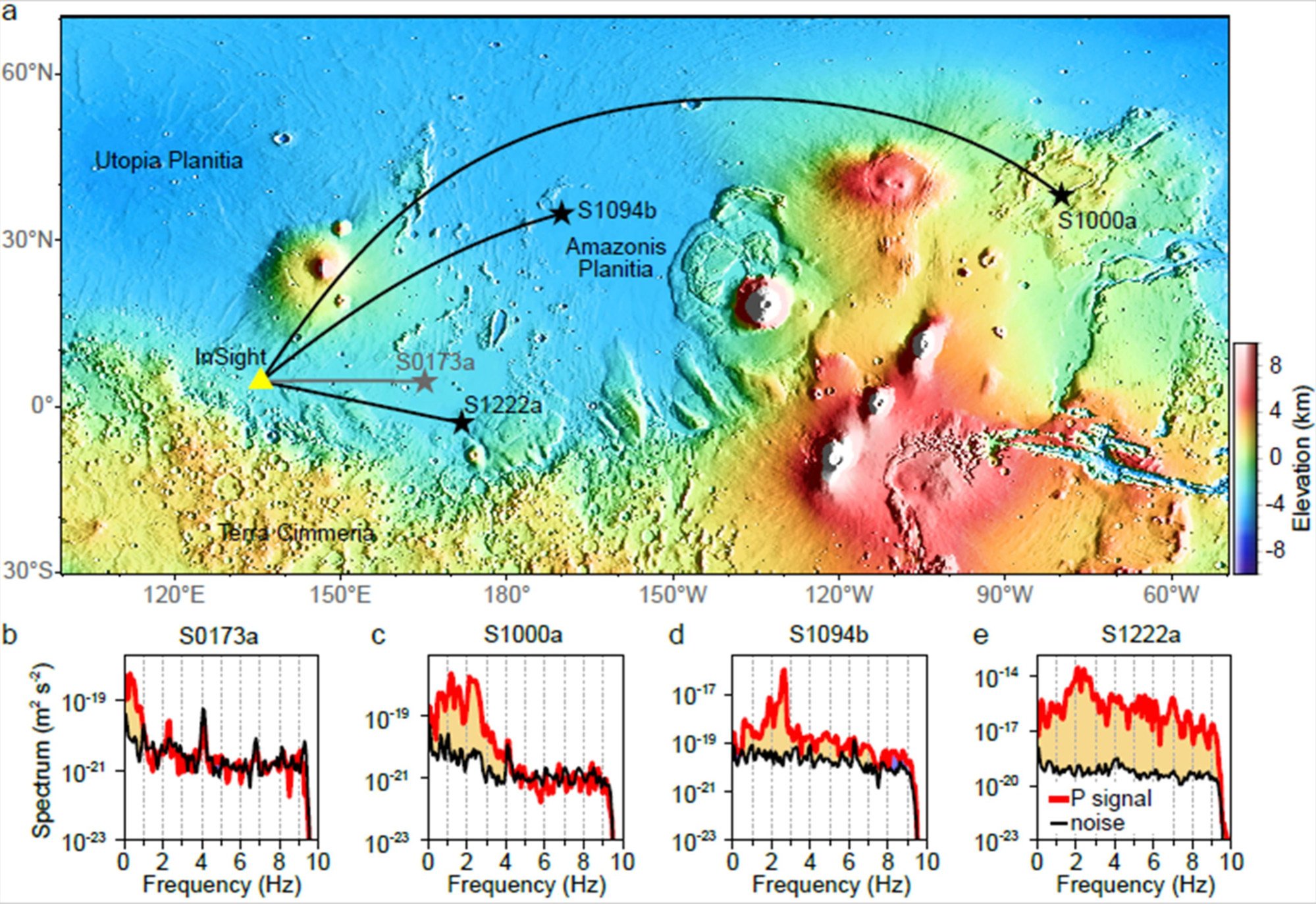 This map shows where marsquakes and meteorite impacts were recorded by Nasa’s InSight lander (yellow triangle). Seismic waves helped scientists detect signs of liquid water deep beneath the surface. Image: National Science Review This map shows where marsquakes and meteorite impacts were recorded by Nasa’s InSight lander (yellow triangle). Seismic waves helped scientists detect signs of liquid water deep beneath the surface. Image: National Science Review