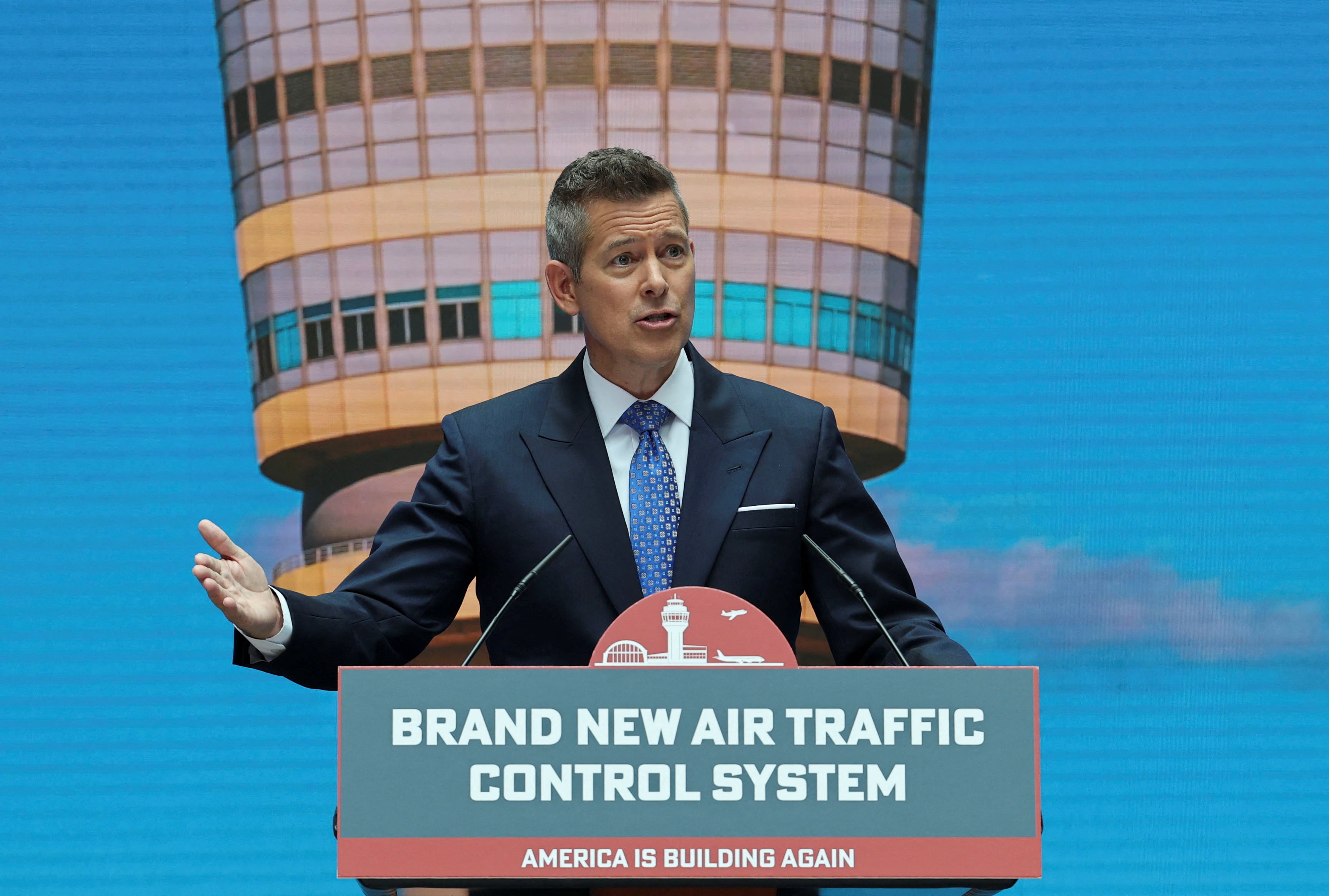 Sean Duffy, US transport secretary,  announces an air traffic control infrastructure plan during a press conference in Washington on Thursday. Photo: Reuters