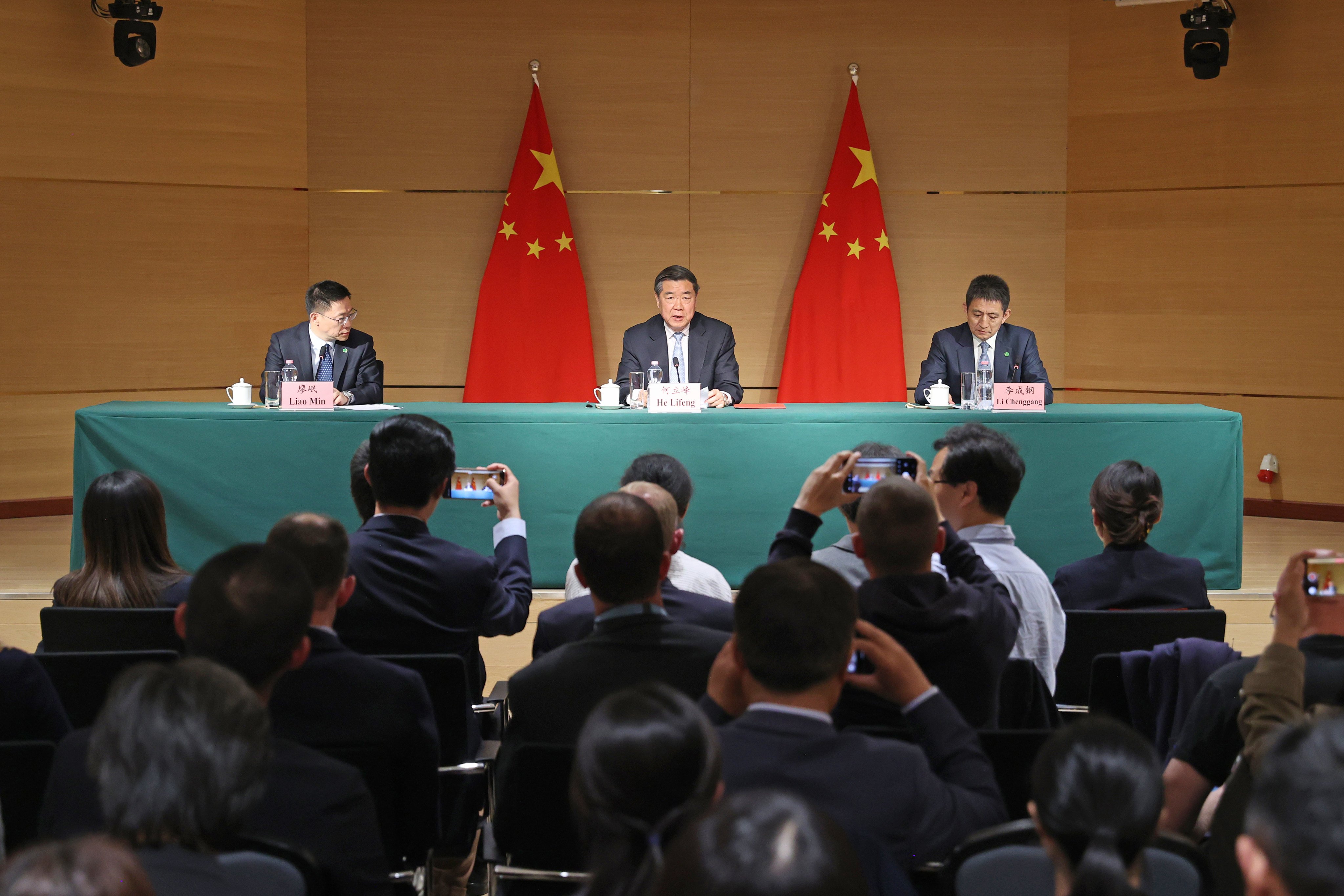 A press briefing is held by the Chinese side following the US-China high-level meeting on economic and trade affairs in Geneva, Switzerland, on May 11, 2025. Photo: Xinhua