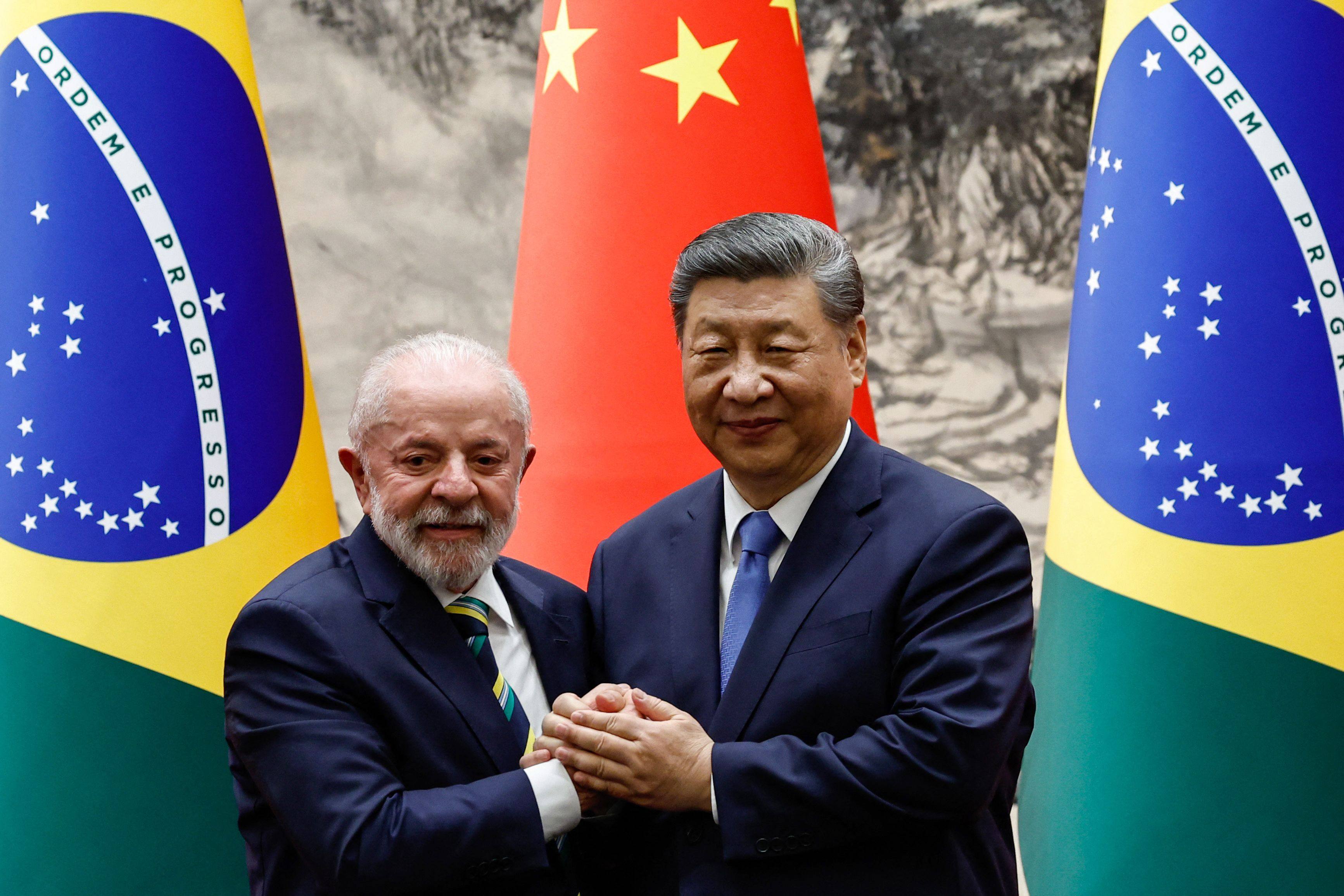 Presidents Xi Jinping and Luiz Inacio Lula da Silva after a signing ceremony and a joint press conference, in Beijing on Tuesday. Photo: AFP
