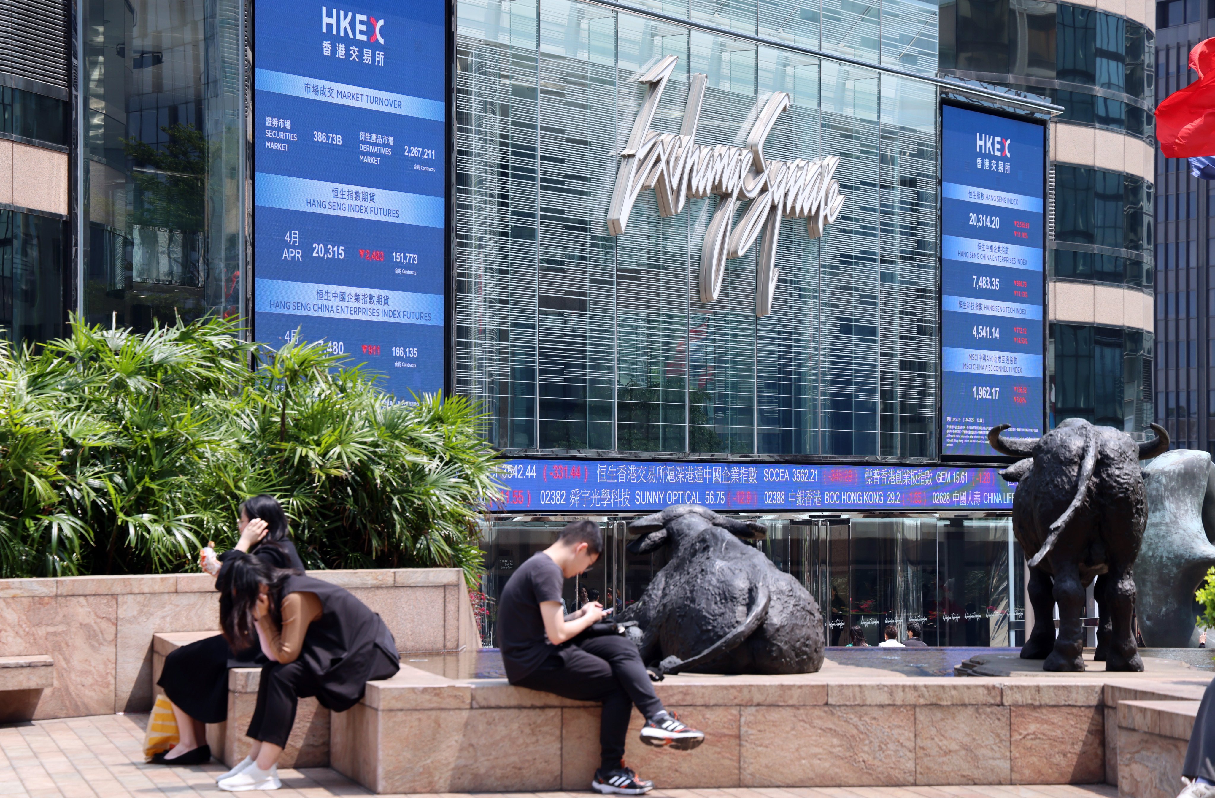 People sit in a plaza outside Exchange Square in Central, home of Hong Kong’s bourse operator, on April 7, 2025. Photo: Jelly Tse