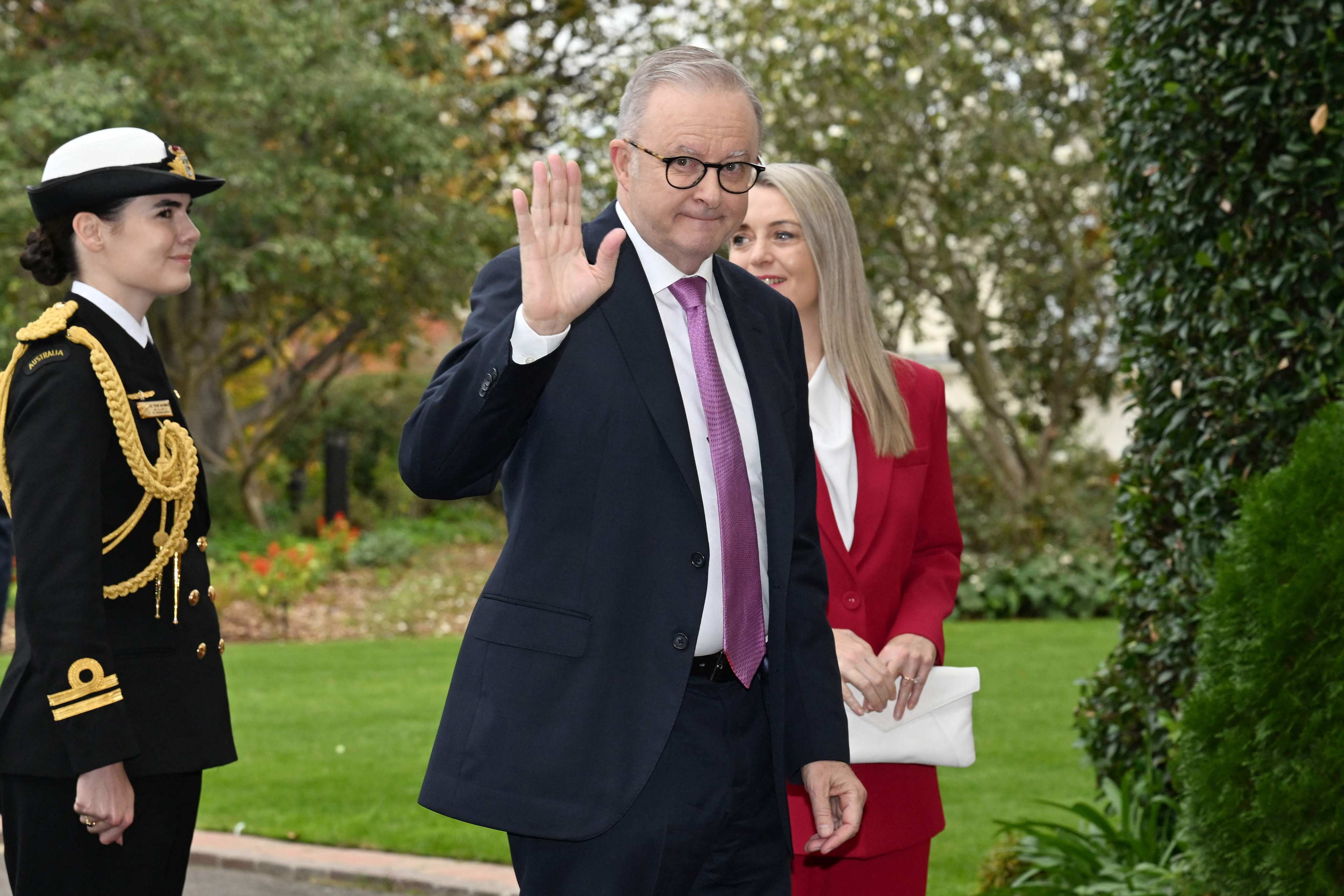 Australia’s re-elected Prime Minister Anthony Albanese arrives for his swearing-in ceremony at Government House in Canberra on Tuesday. Photo: AFP