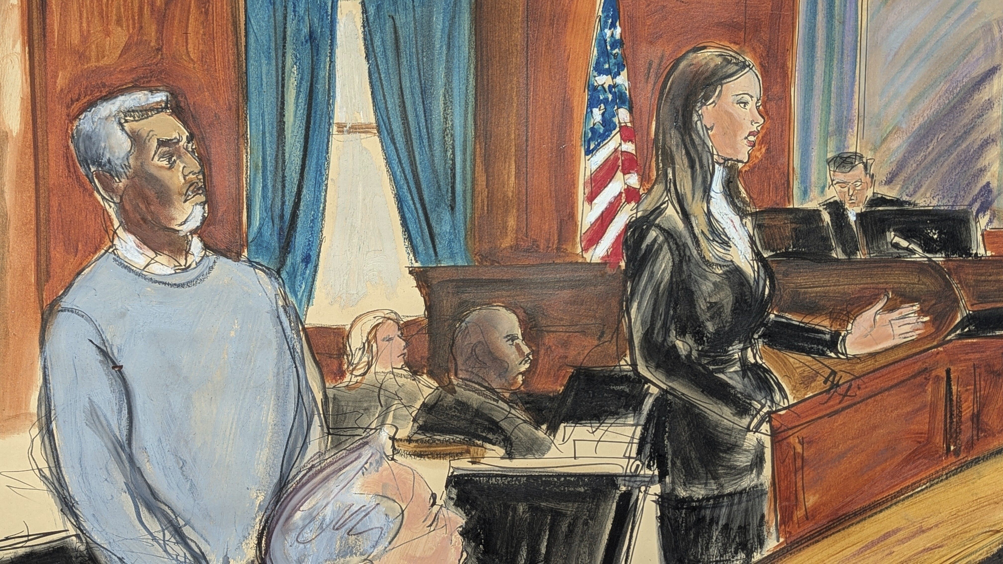 Sean ‘Diddy’ Combs in court as his defence lawyer Teny Geragos gives her opening statement. Image Elizabeth Williams via AP