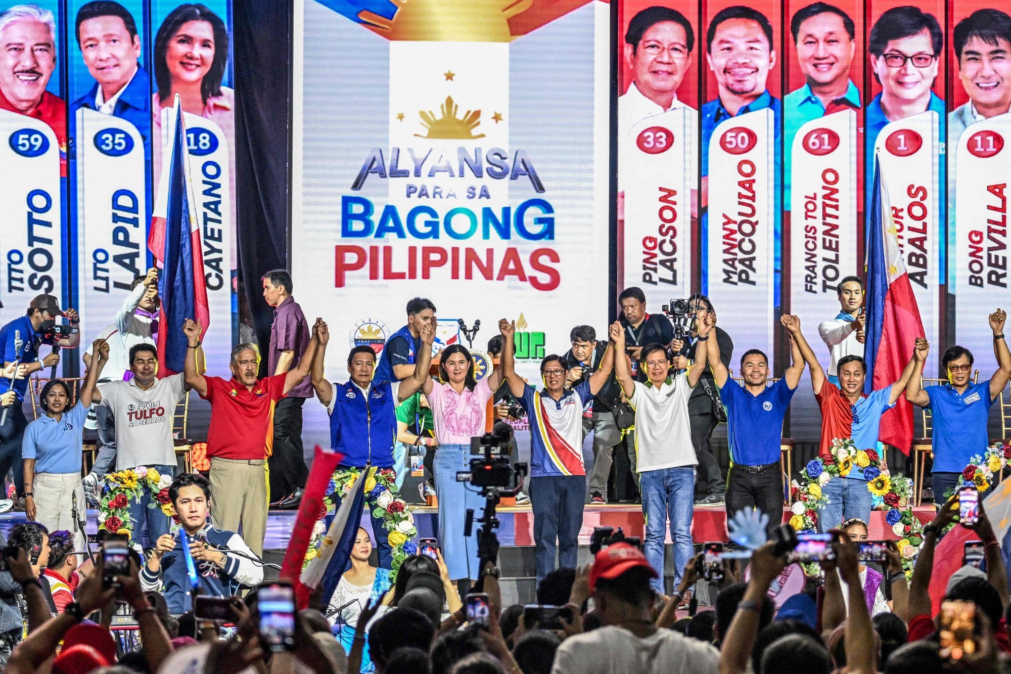 Philippine President Ferdinand Marcos Jnr (centre) attends a campaign rally of senatorial candidates under his party in Mandaluyong, Metro Manila, on May 9, ahead of the midterm elections. Photo: AFP Philippine President Ferdinand Marcos Jnr (centre) attends a campaign rally of senatorial candidates under his party in Mandaluyong, Metro Manila, on May 9, ahead of the midterm elections. Photo: AFP
