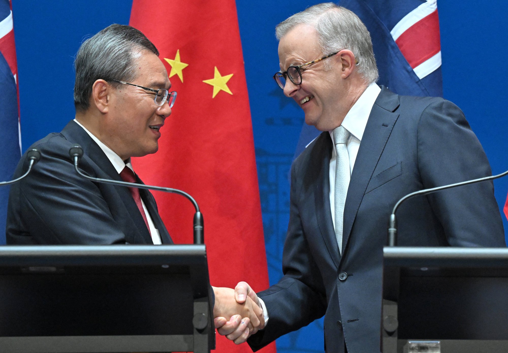 Chinese Premier Li Qiang (left) and Australia’s Prime Minister Anthony Albanese shake hands after making opening remarks at Parliament House in Canberra on June 17 last year. Photo: Reuters Chinese Premier Li Qiang (left) and Australia’s Prime Minister Anthony Albanese shake hands after making opening remarks at Parliament House in Canberra on June 17 last year. Photo: Reuters