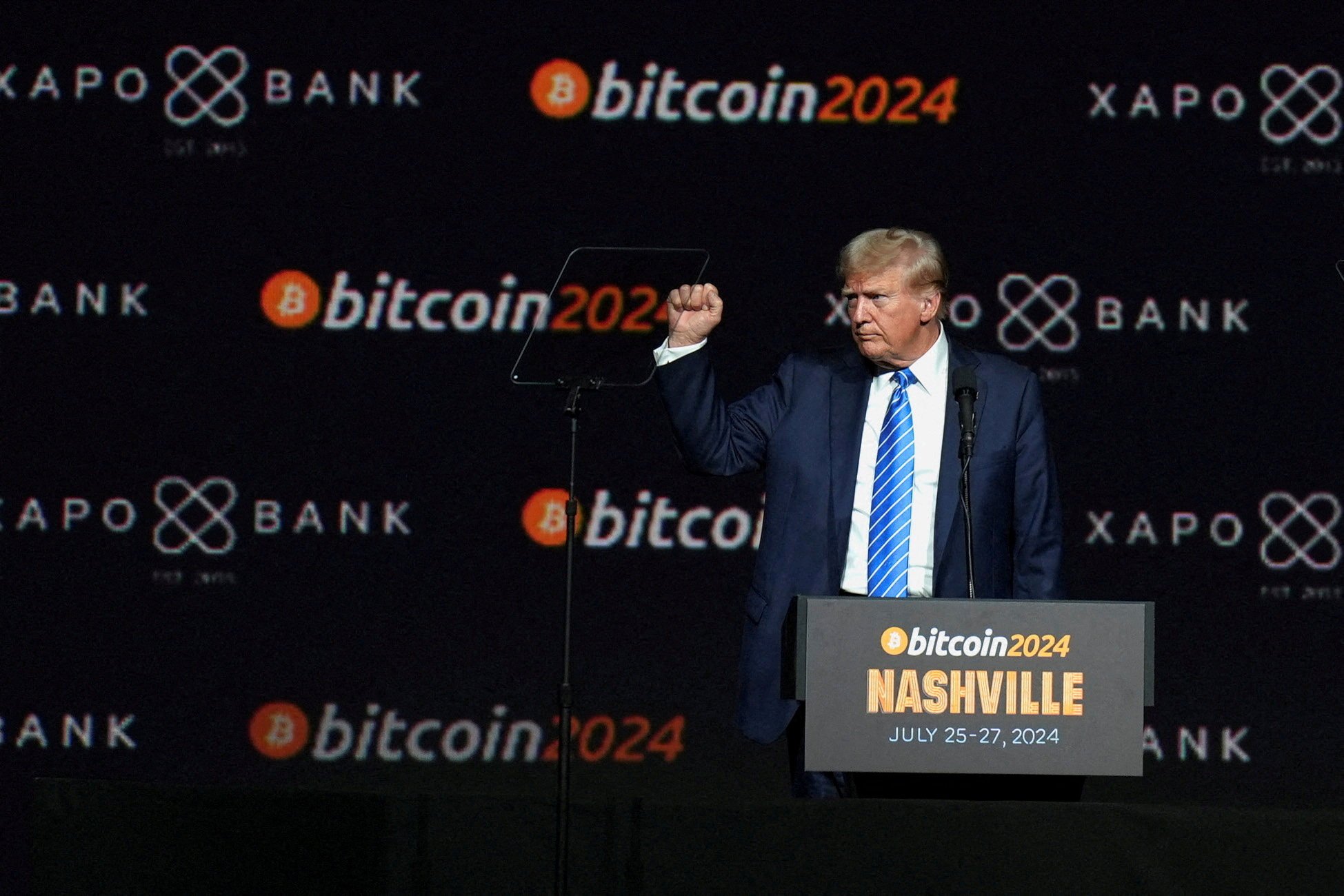 Donald Trump, who was then Republican presidential candidate, gestures at the Bitcoin 2024 event in Nashville, Tennessee, on July 27, 2024. Photo: Reuters