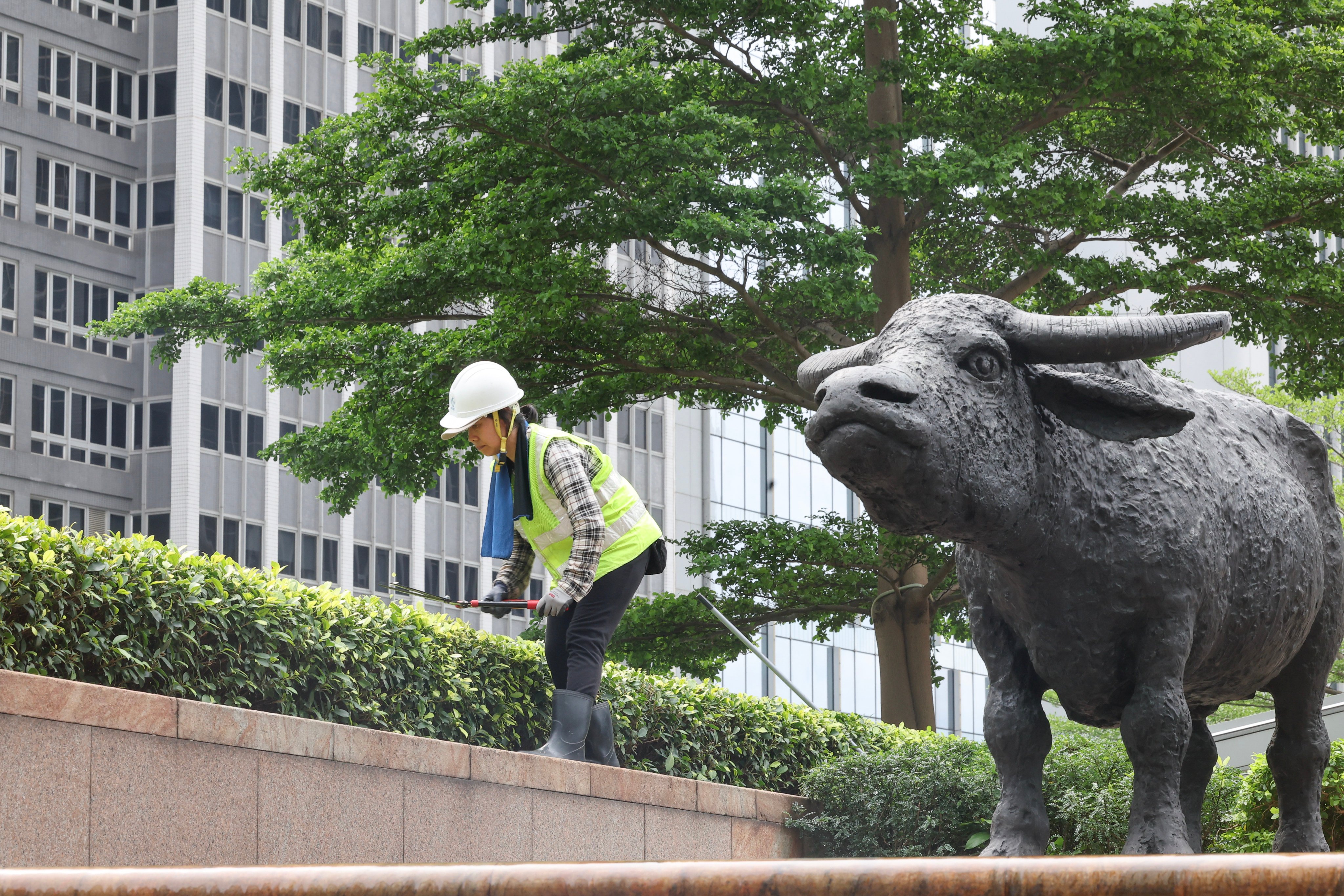 A worker prunes plants near a statue of a bull outside at Exchange Square in Central, headquarters of Hong Kong’s stock exchange operator, on May 10, 2025. Photo: Edmond So