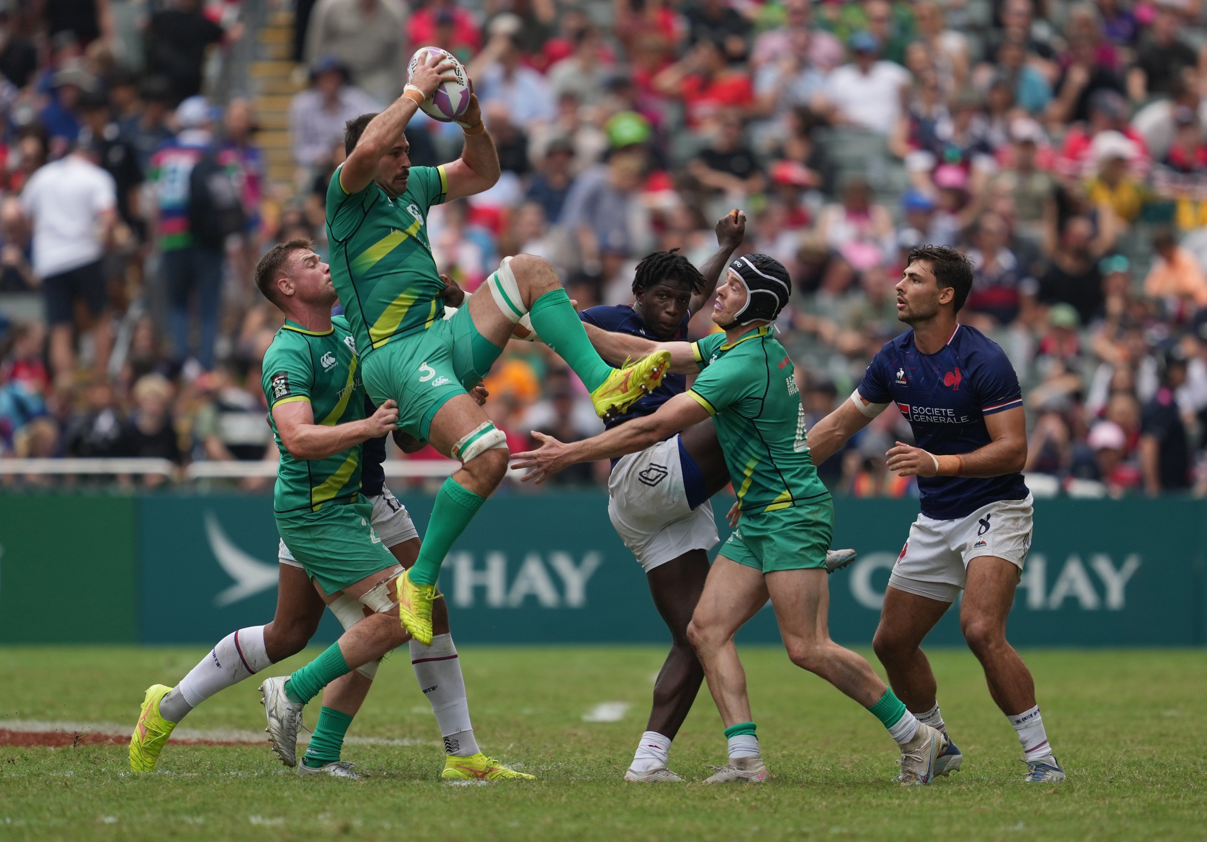 Ireland (in green) against France at the 2024 Hong Kong Sevens at Hong Kong Stadium. Ireland finished second overall in 2023-24 but were relegated in the season that has just ended. Photo: Elson Li