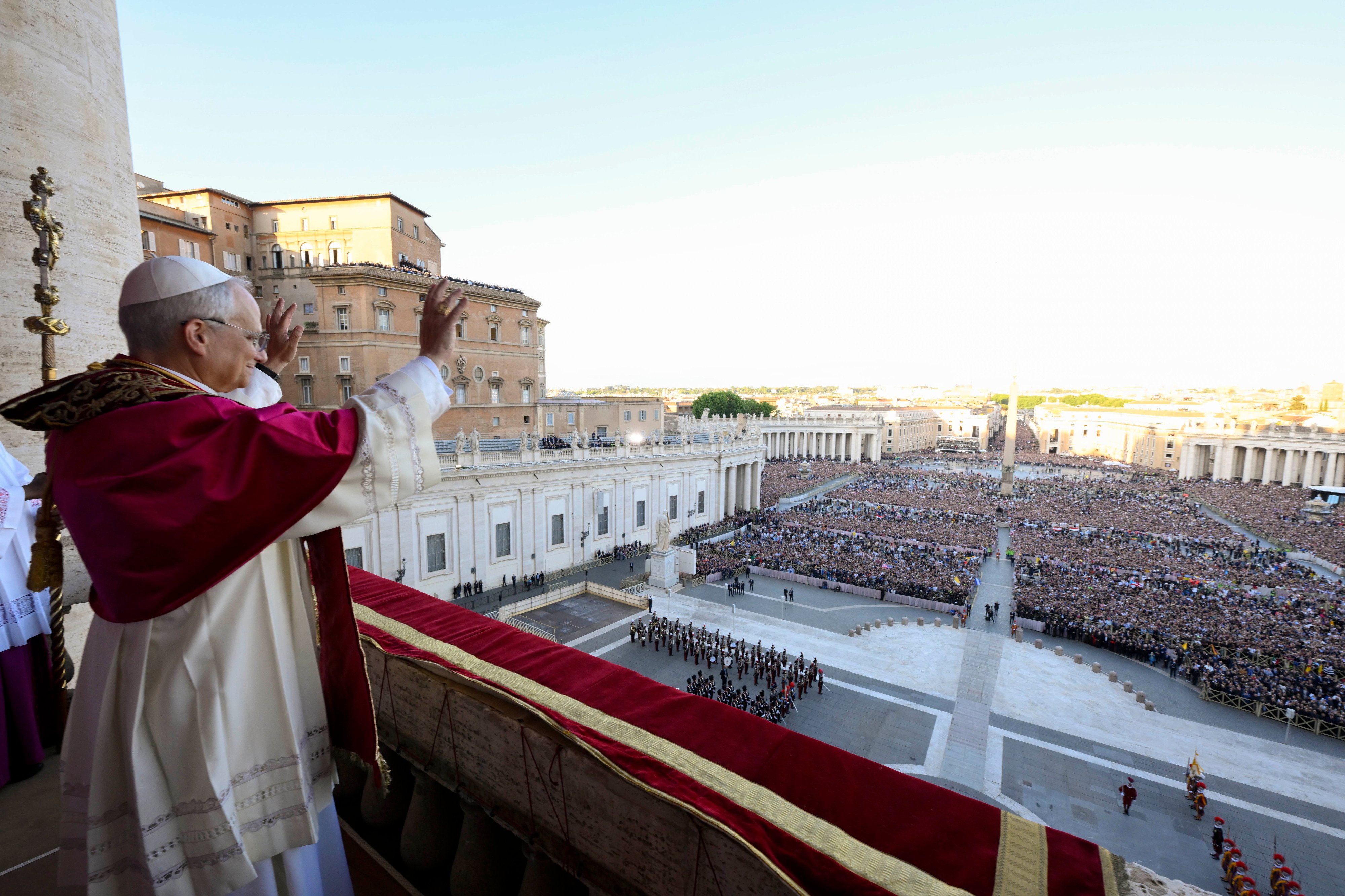 Newly elected Pope Leo XIV waves to faithful and pilgrims gathered in St Peter’s Square shortly after his election, on May 8, 2025. Photo: Vatican Media via AP